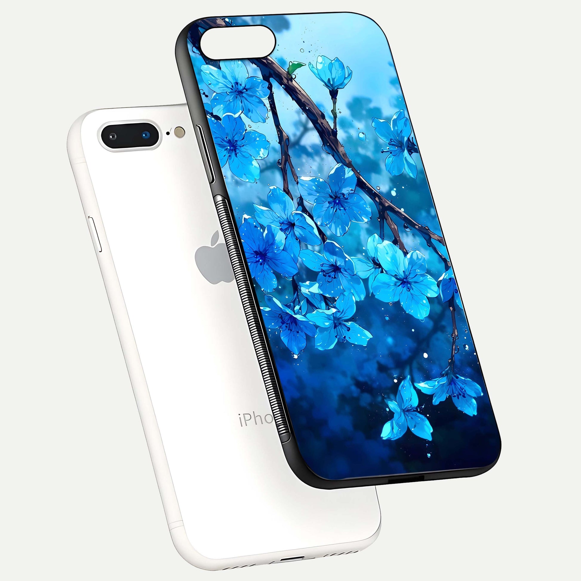 Blue Blossoms Branch Glass Case for iPhone 16 Pro floating mockup showing shine, curved edges, and branch detailing