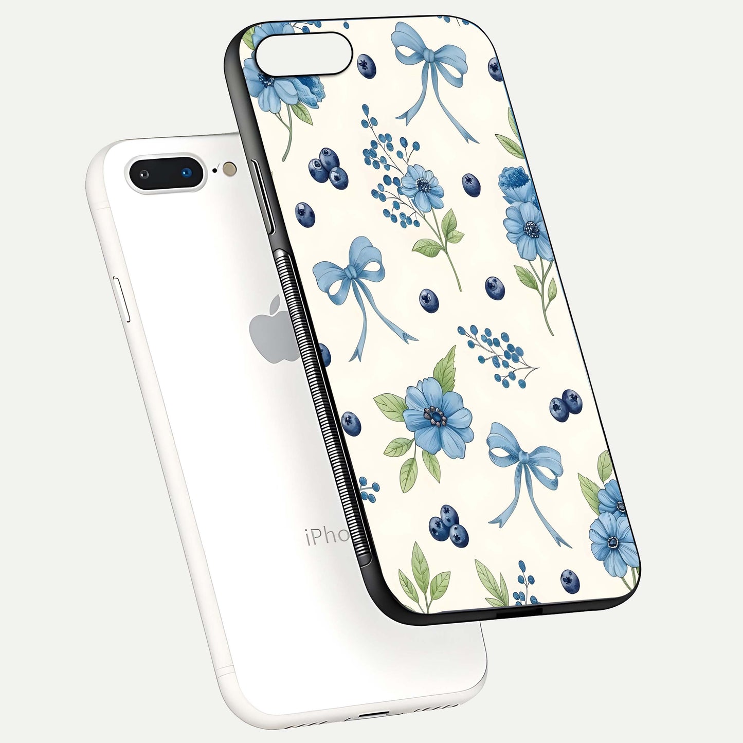 Blue Flower & Bow Glass Case for iPhone 16 Pro floating mockup capturing gloss reflection and girly aesthetic