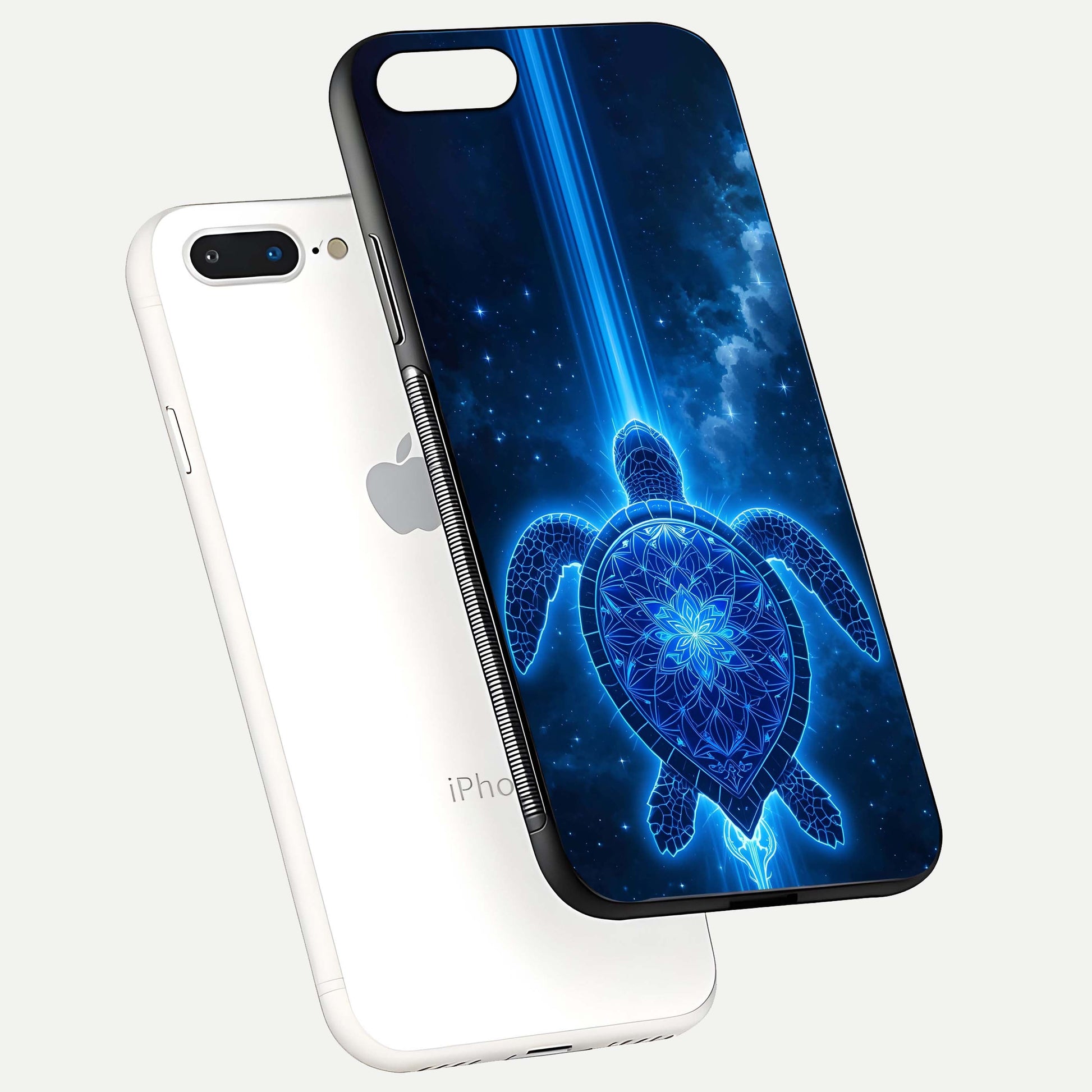 Blue Galaxy Turtle Glass Case for iPhone 8 Plus floating dual-mockup showing gloss depth and color transitions