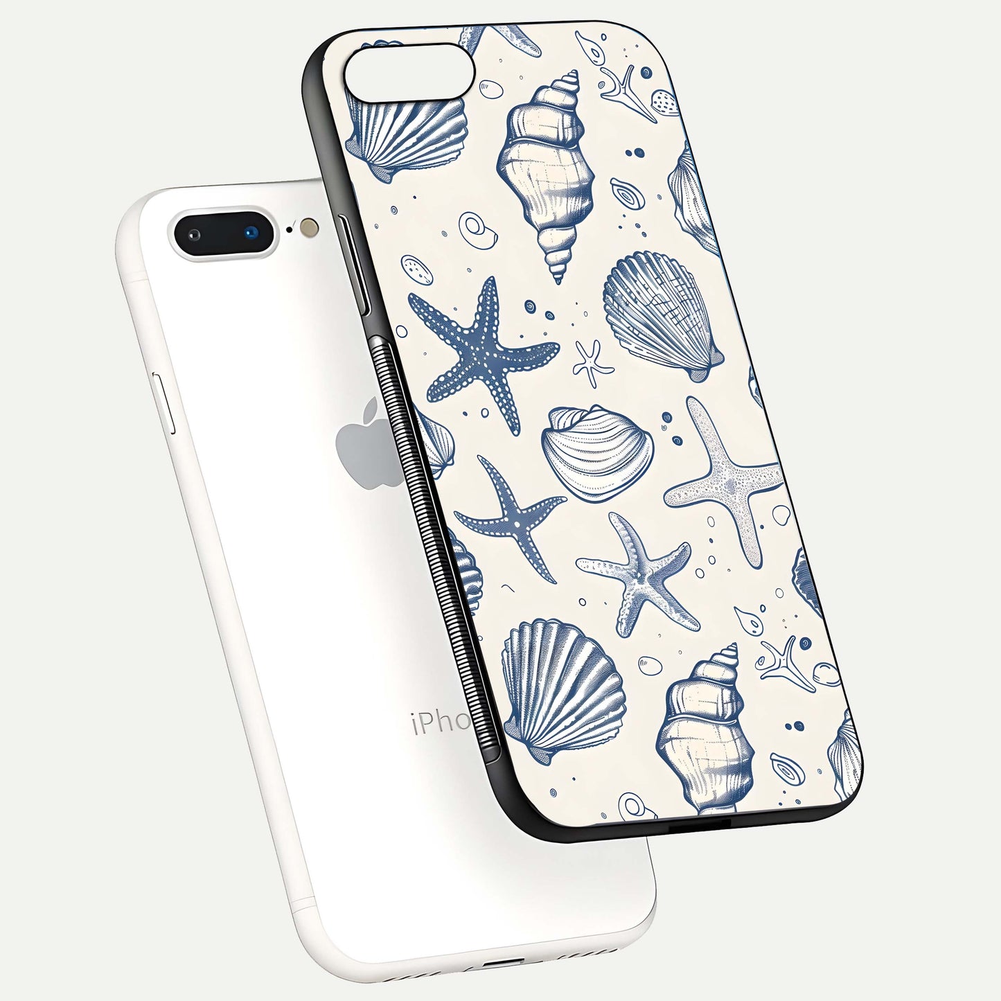 Blue Ocean Outline Glass Case for iPhone 8 Plus floating mockup displaying marine-inspired aesthetic and smooth surface