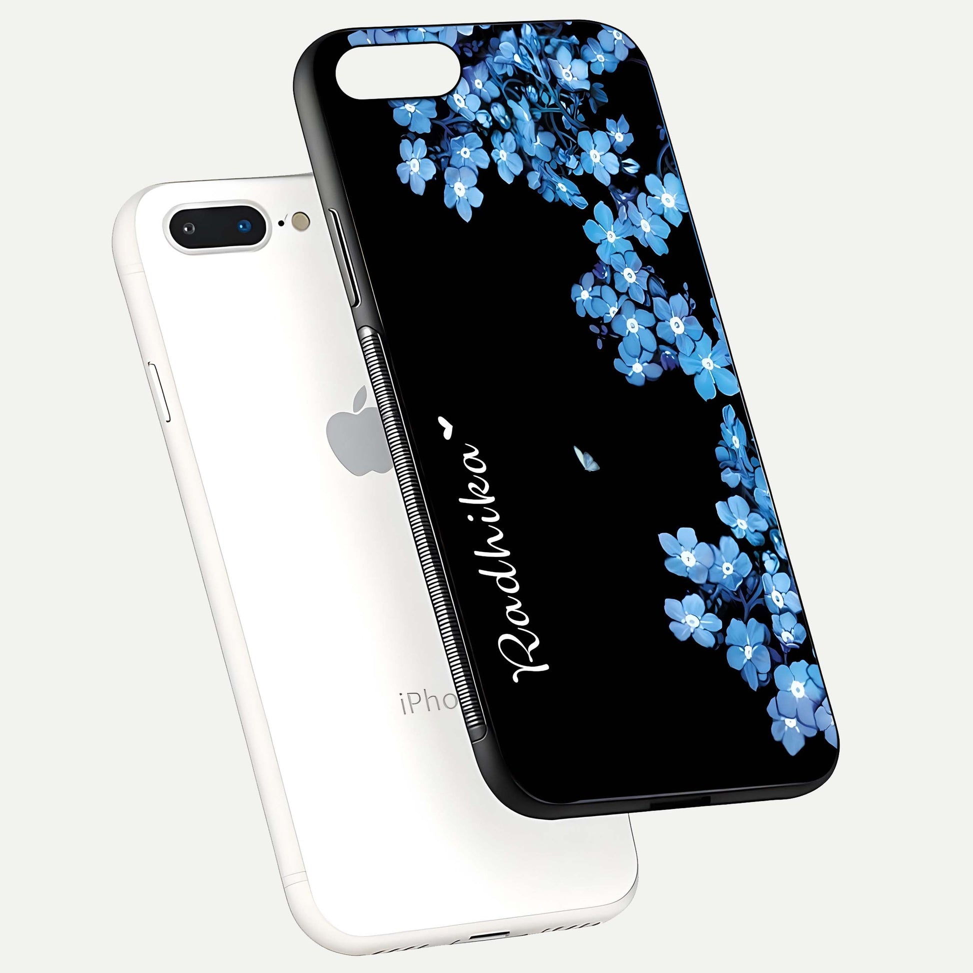 Blue Petal Dream Custom Name Glass Case for iPhone 8 Plus floating mockup capturing floral tones and glass shine