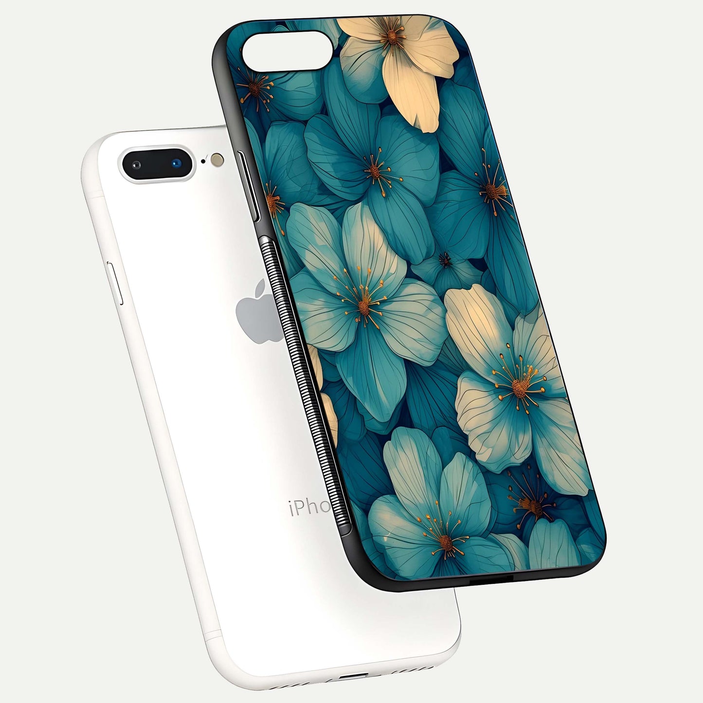 Blue Shade Floral Glass Case for iPhone 16 Pro floating mockup revealing gloss highlight and floral depth
