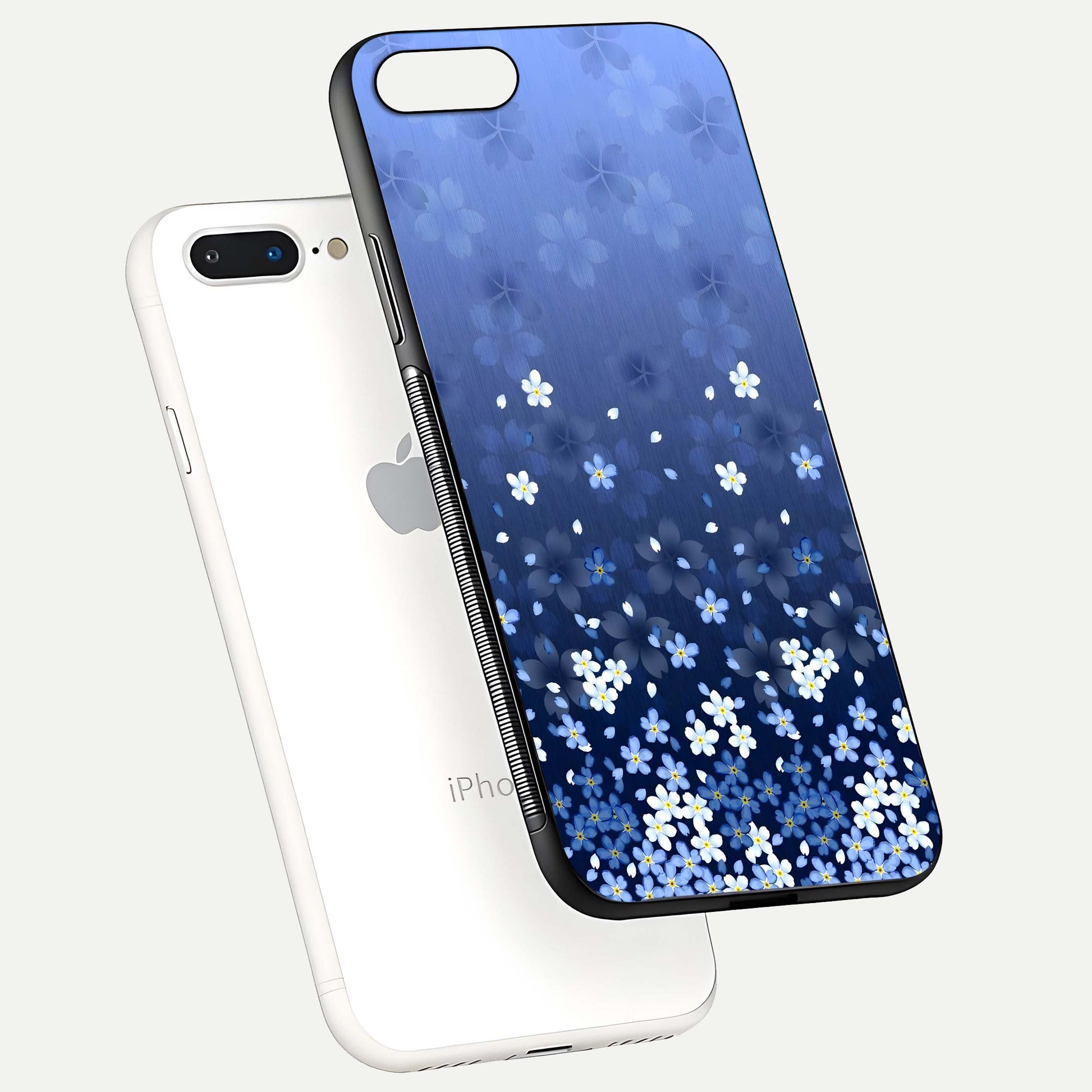 Blue Starry Glass Case for iPhone 8 Plus floating mockup capturing cosmic tone and HD gloss texture