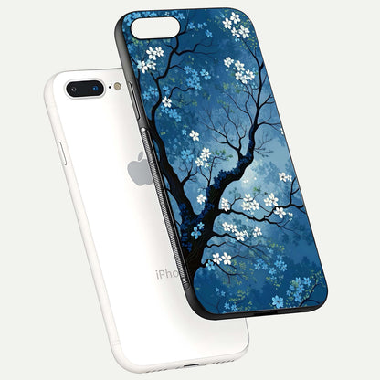 Blue Tree Serenity Glass Case for iPhone 8 Plus floating mockup displaying serene tones and HD glass polish