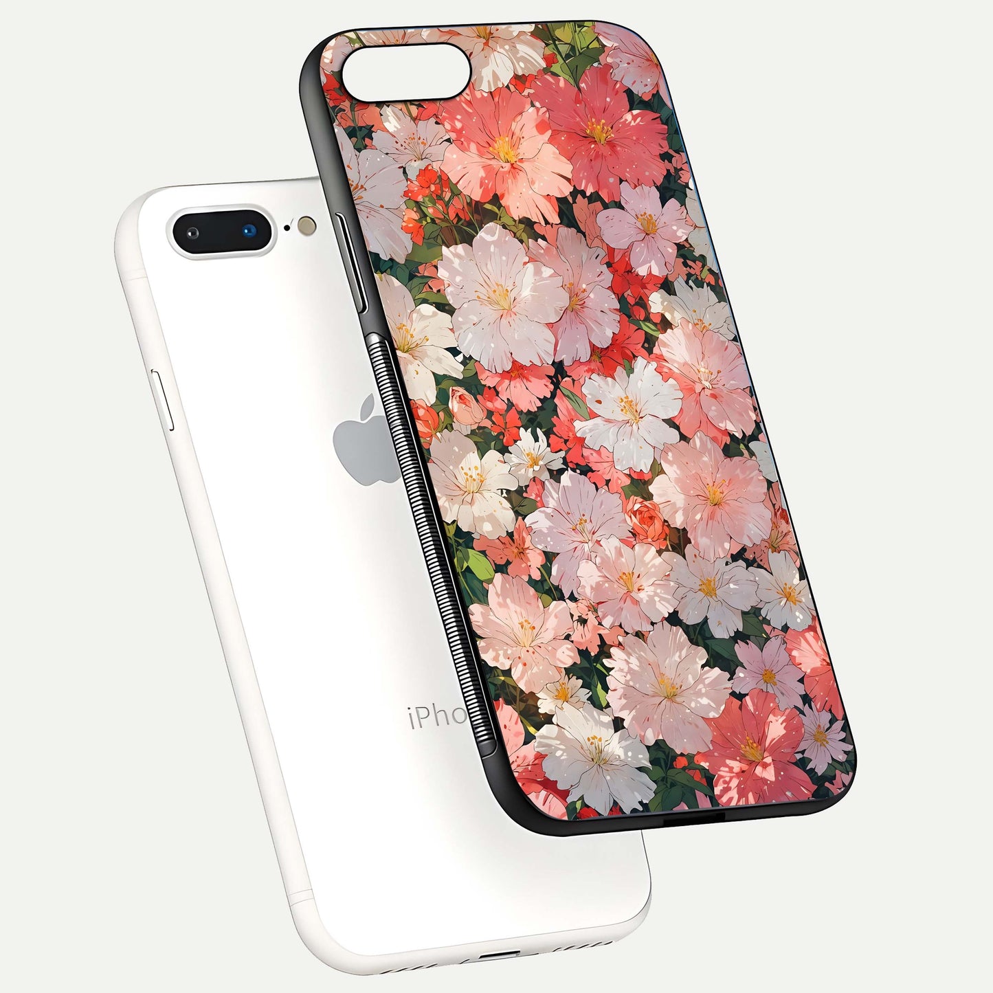 Blush Bloom Field Glass Case for iPhone 8 Plus floating mockup highlighting floral spread and edge reflection