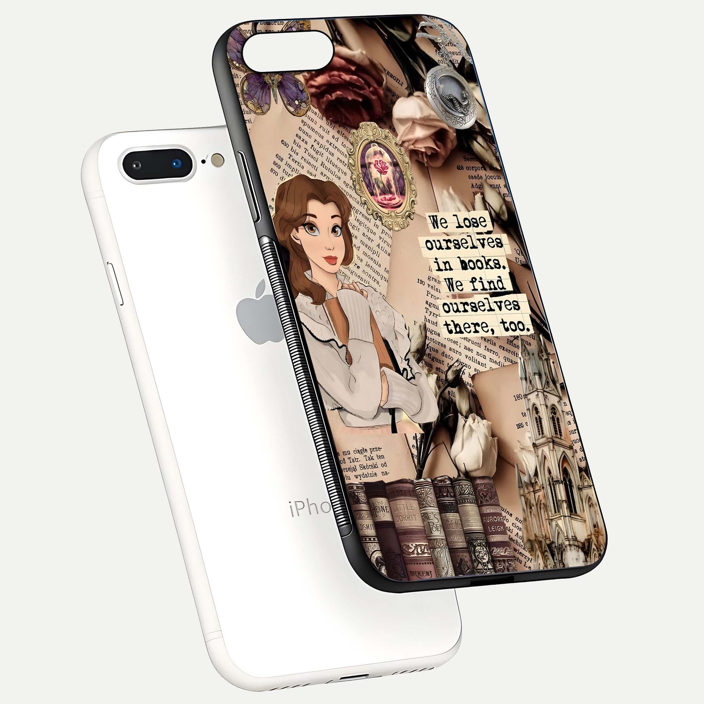 Bookish Dream World Glass Case for iPhone 8 Plus floating mockup capturing gloss shine and artistic balance