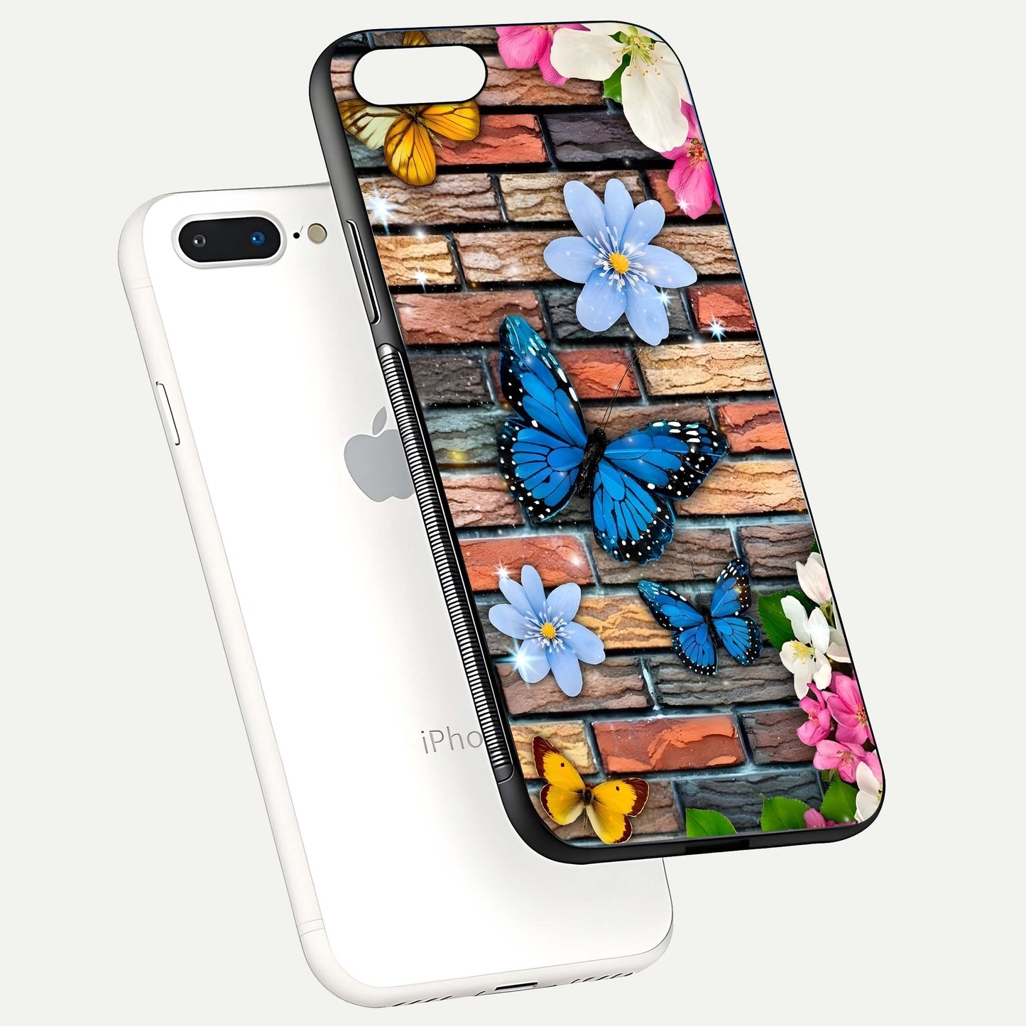 Brick Bloom Flight Glass Case for iPhone 8 Plus floating mockup displaying gloss reflection and pattern vibrancy