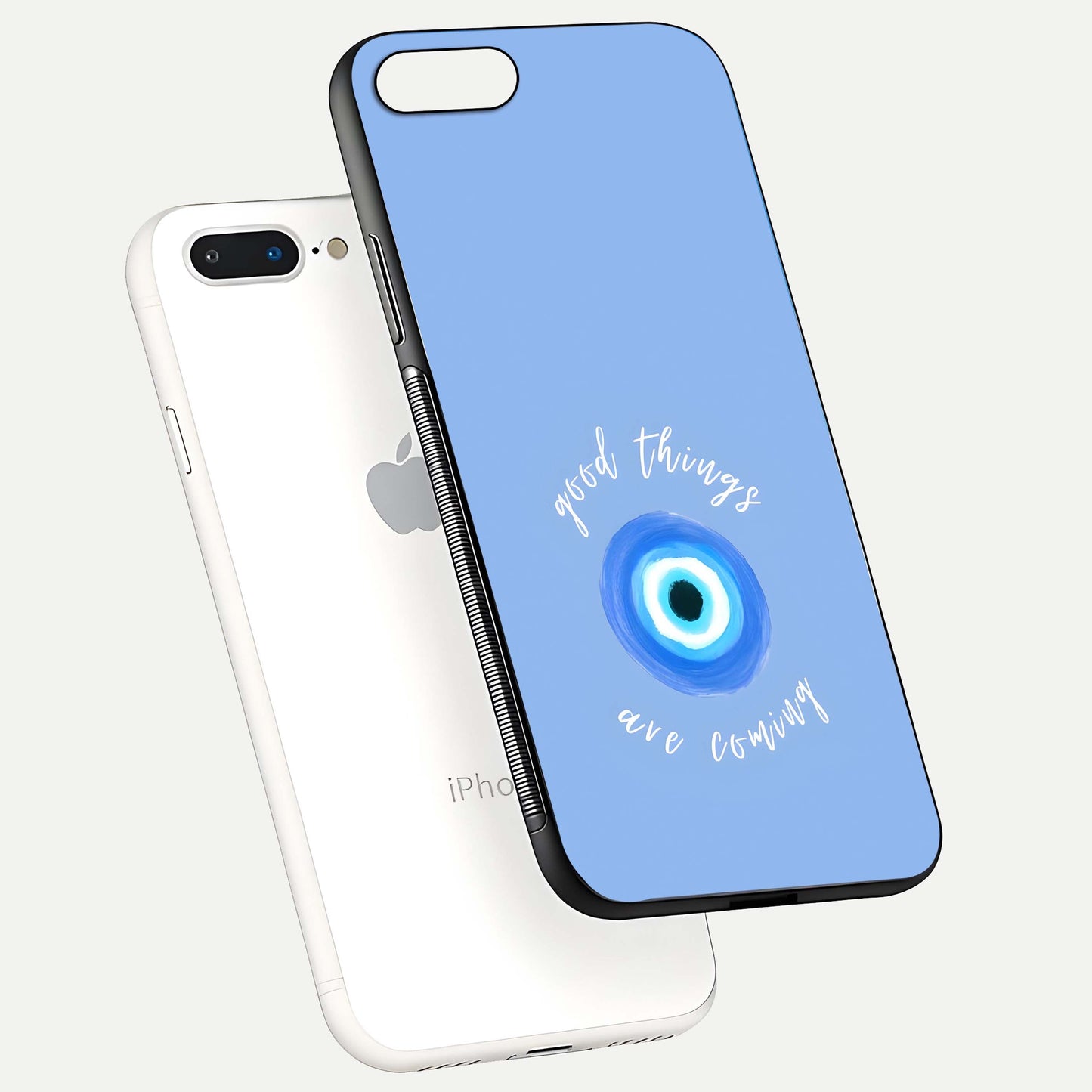 Bright Future Ahead Glass Case for iPhone 8 Plus floating mockup showing sleek design and positive quote print