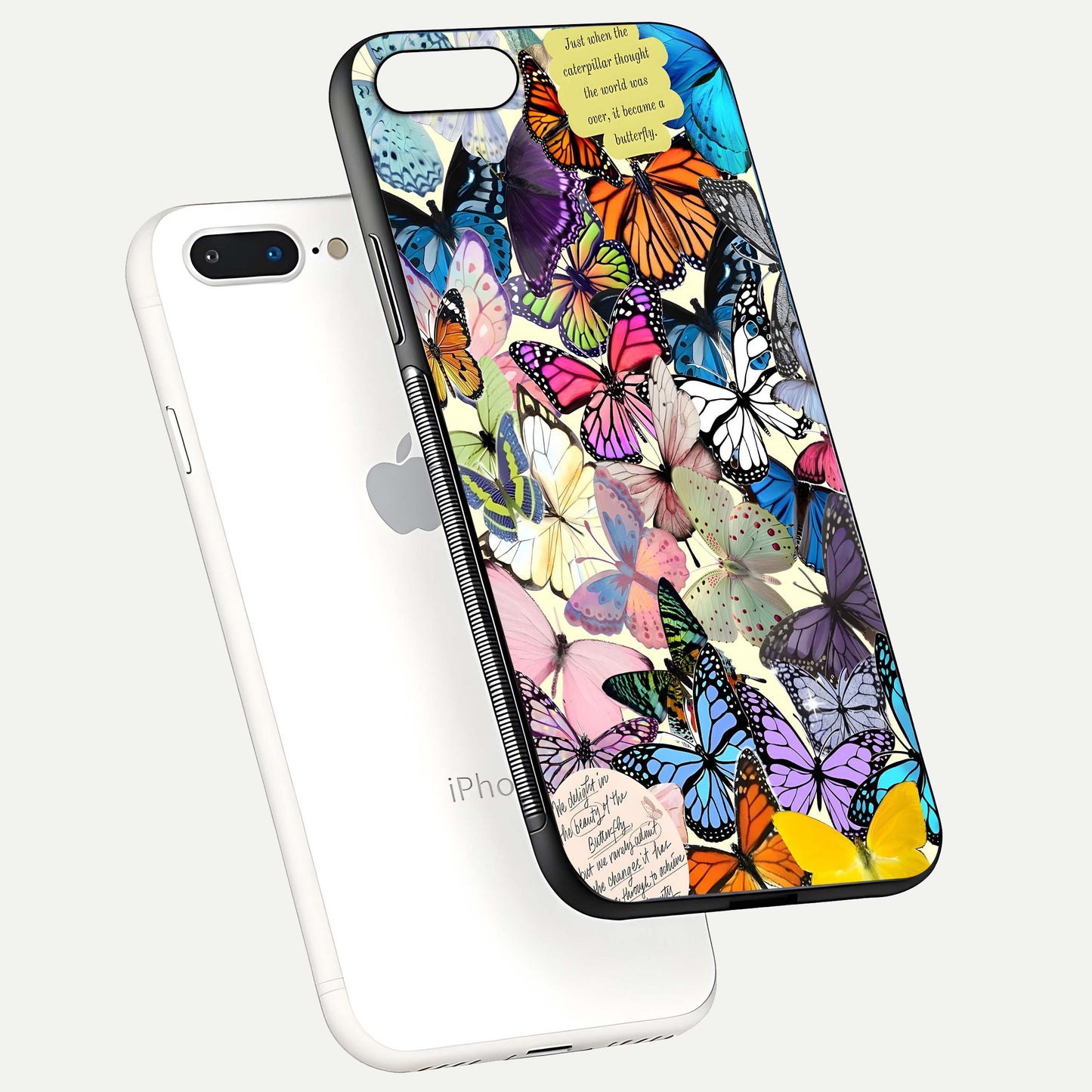 Butterflies Petal Dream Glass Case for iPhone 8 Plus floating mockup displaying detailed print and premium glass glow