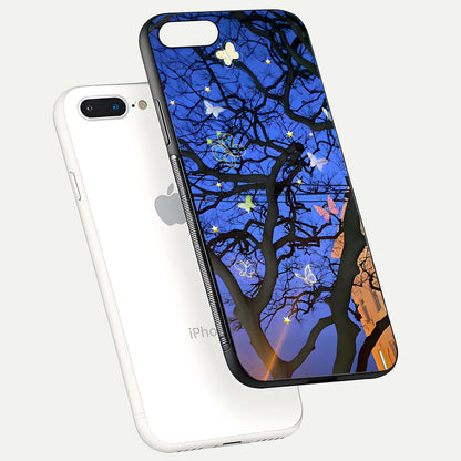 Butterfly Night Magic Glass Case for iPhone 8 Plus floating mockup showing night glow and smooth polish