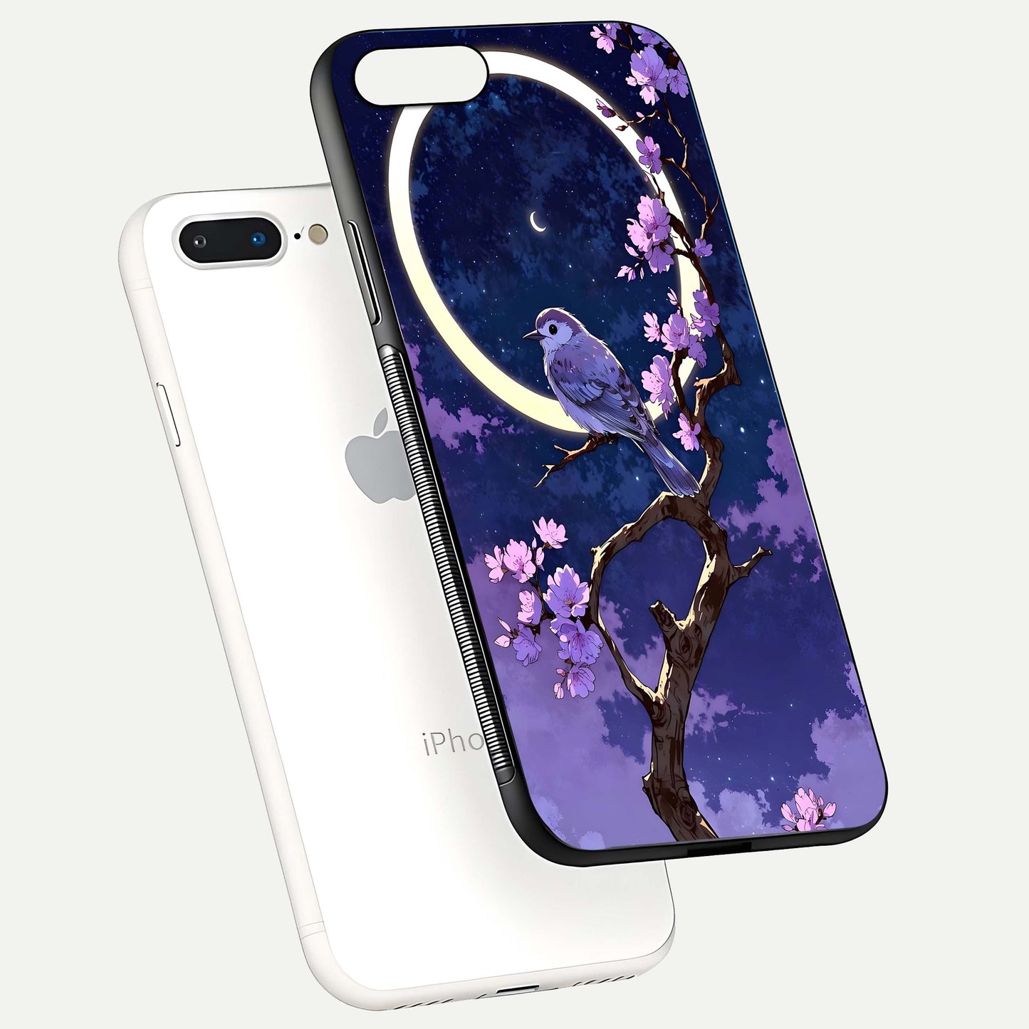 Celestial Bird Blossom Glass Case for iPhone 8 Plus floating mockup showing cosmic floral tones and HD gloss
