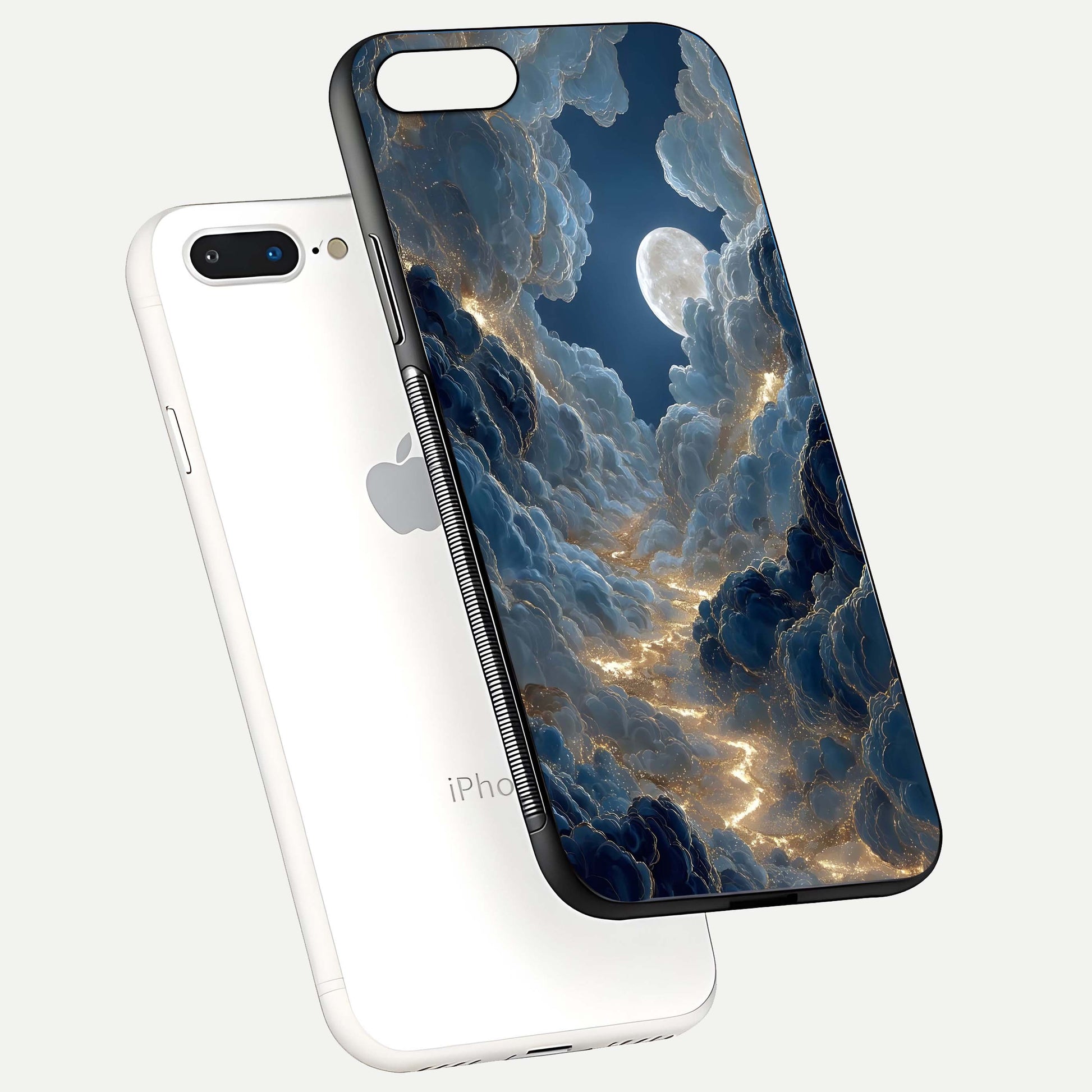 Celestial Cloud Road Glass Case for iPhone 8 Plus floating mockup capturing glowing horizon and HD gloss