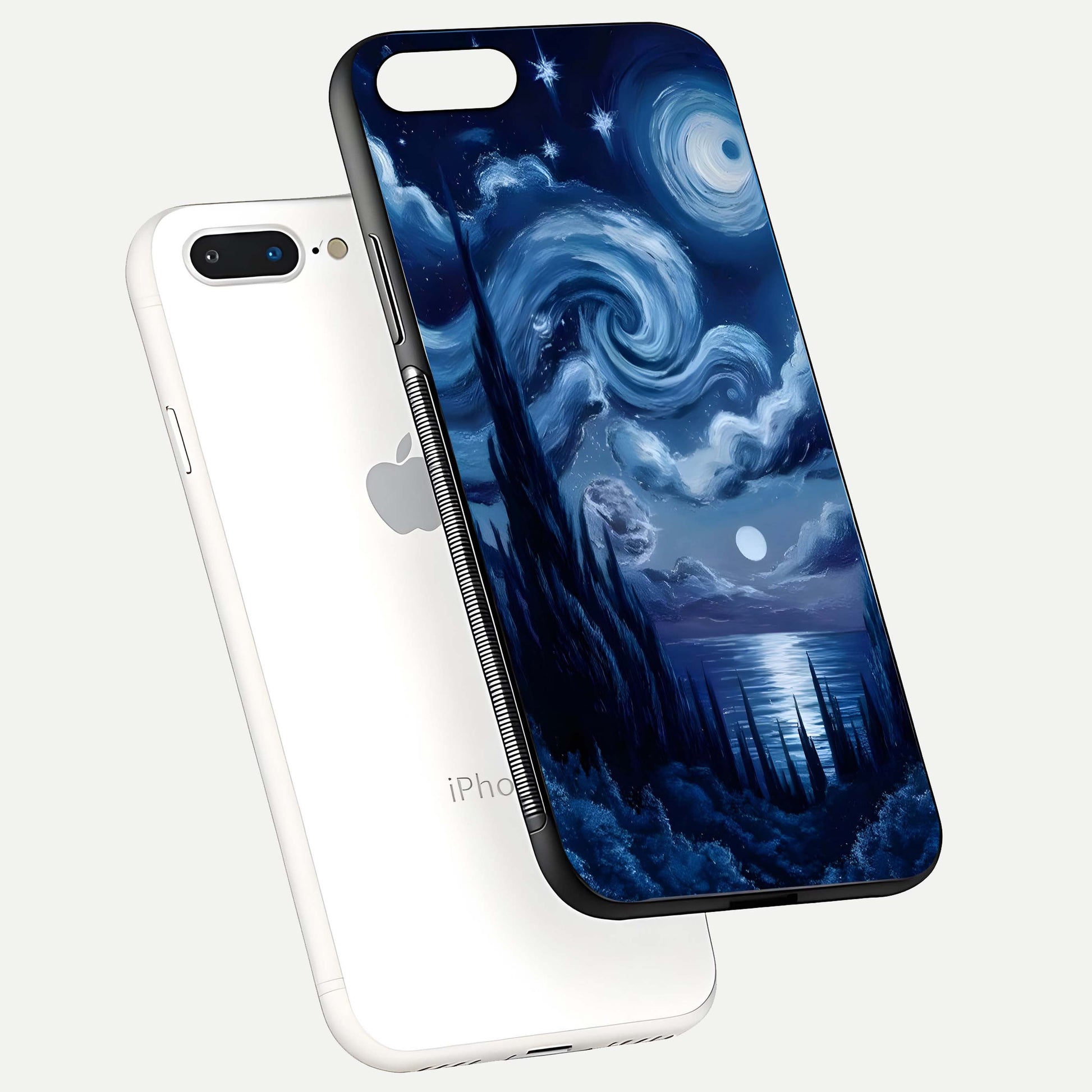 Celestial Dream Van Gogh Glass Case for iPhone 8 Plus floating mockup highlighting cosmic tones and smooth gloss
