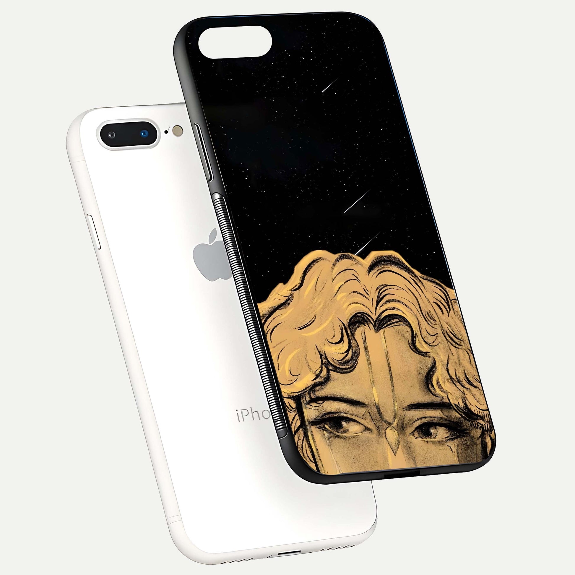 Celestial God’s Plan Glass Case for iPhone 8 Plus floating dual-view mockup displaying gloss surface and vivid print