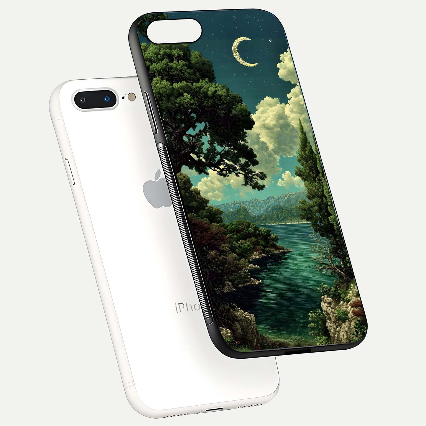 Celestial Lake Peace Glass Case for iPhone 8 Plus floating mockup capturing calm tones and smooth polish