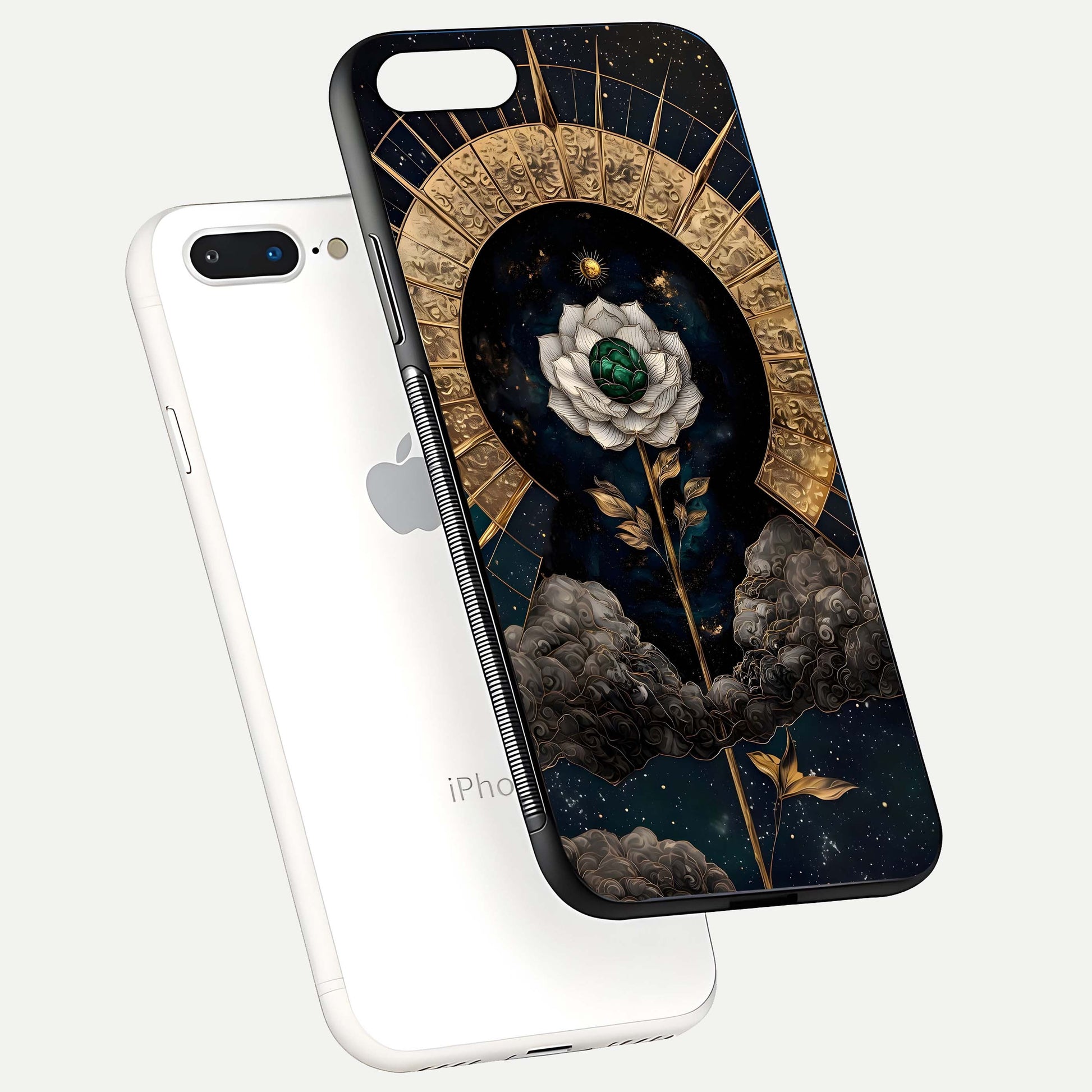 Celestial Lotus Morang Glass Case for iPhone 8 Plus floating mockup showing gloss depth and cosmic lotus glow