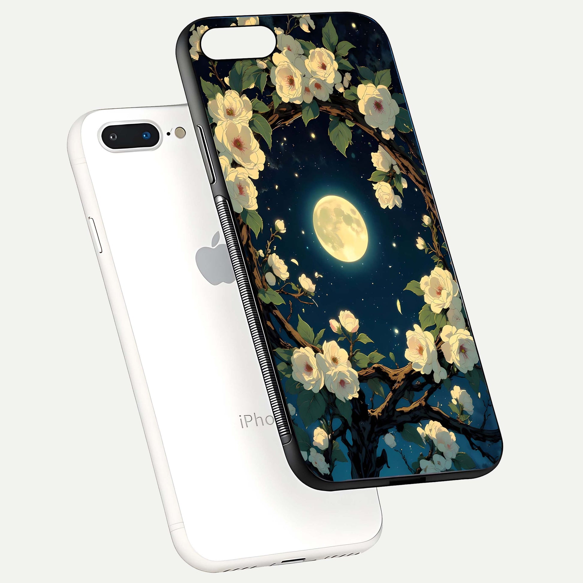 Celestial Moon & Flower Glass Case for iPhone 8 Plus floating mockup emphasizing HD shine and delicate texture
