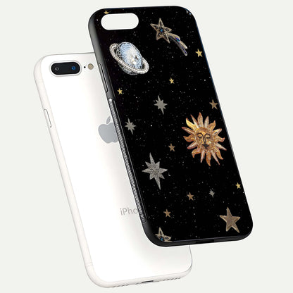 Celestial Moon With Stars Glass Case for iPhone 8 Plus floating mockup emphasizing star depth and gloss clarity
