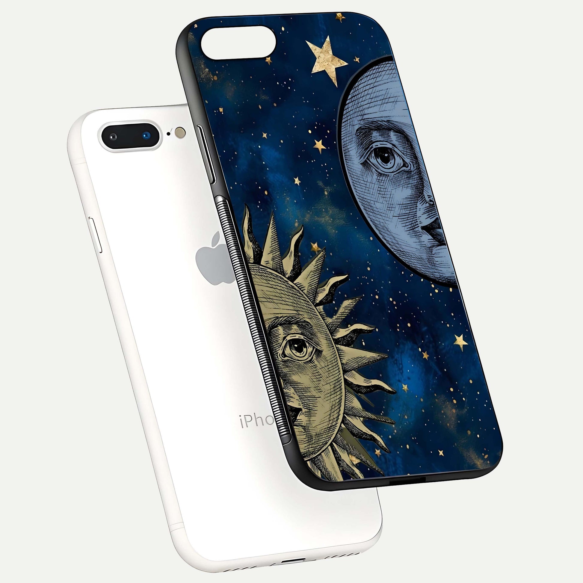 Celestial Moon With Sun Glass Case for iPhone 8 Plus floating mockup displaying vibrant contrast and HD gloss