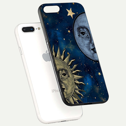 Celestial Moon With Sun Glass Case for iPhone 8 Plus floating mockup displaying vibrant contrast and HD gloss
