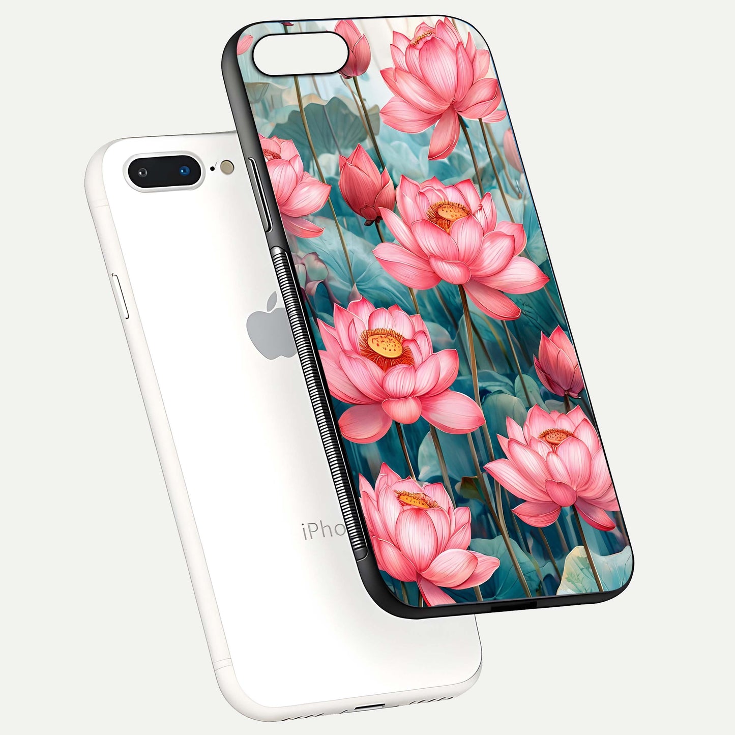 Celestial Pink Lotus Glass Case for iPhone 8 Plus floating mockup displaying cosmic tone and gloss surface