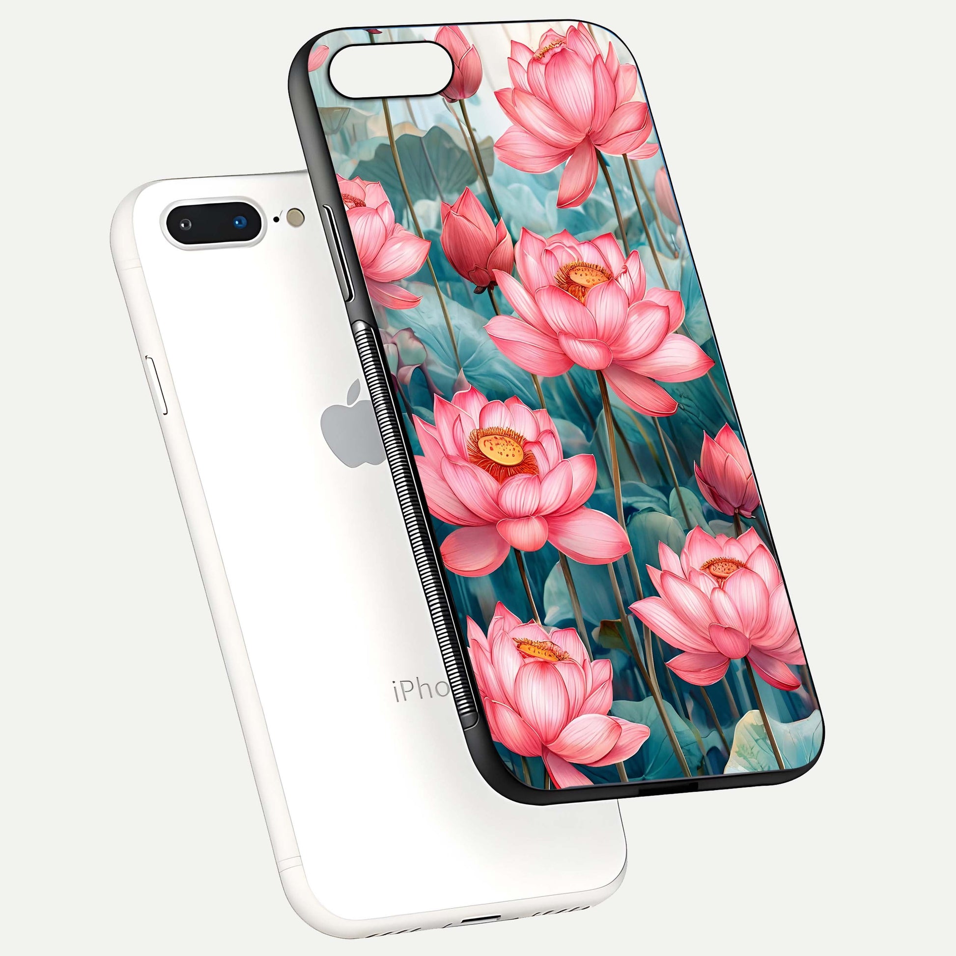 Celestial Pink Lotus Glass Case for iPhone 8 Plus floating mockup displaying cosmic tone and gloss surface