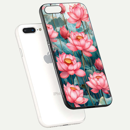 Celestial Pink Lotus Glass Case for iPhone 8 Plus floating mockup displaying cosmic tone and gloss surface
