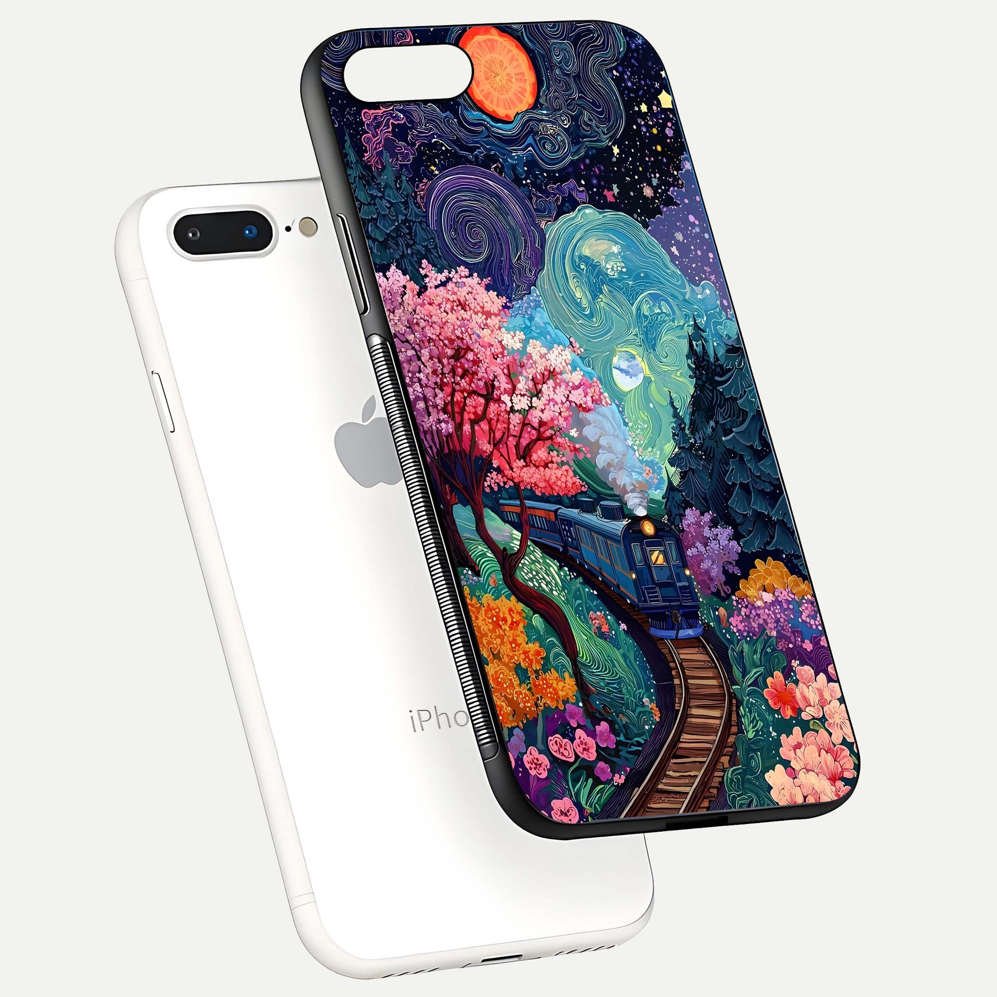 Celestial Train Journey Glass Case for iPhone 8 Plus floating mockup capturing gloss reflection and deep night hues