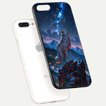 Celestial Wolf Howl Glass Case for iPhone 8 Plus floating mockup capturing reflection depth and silver gloss