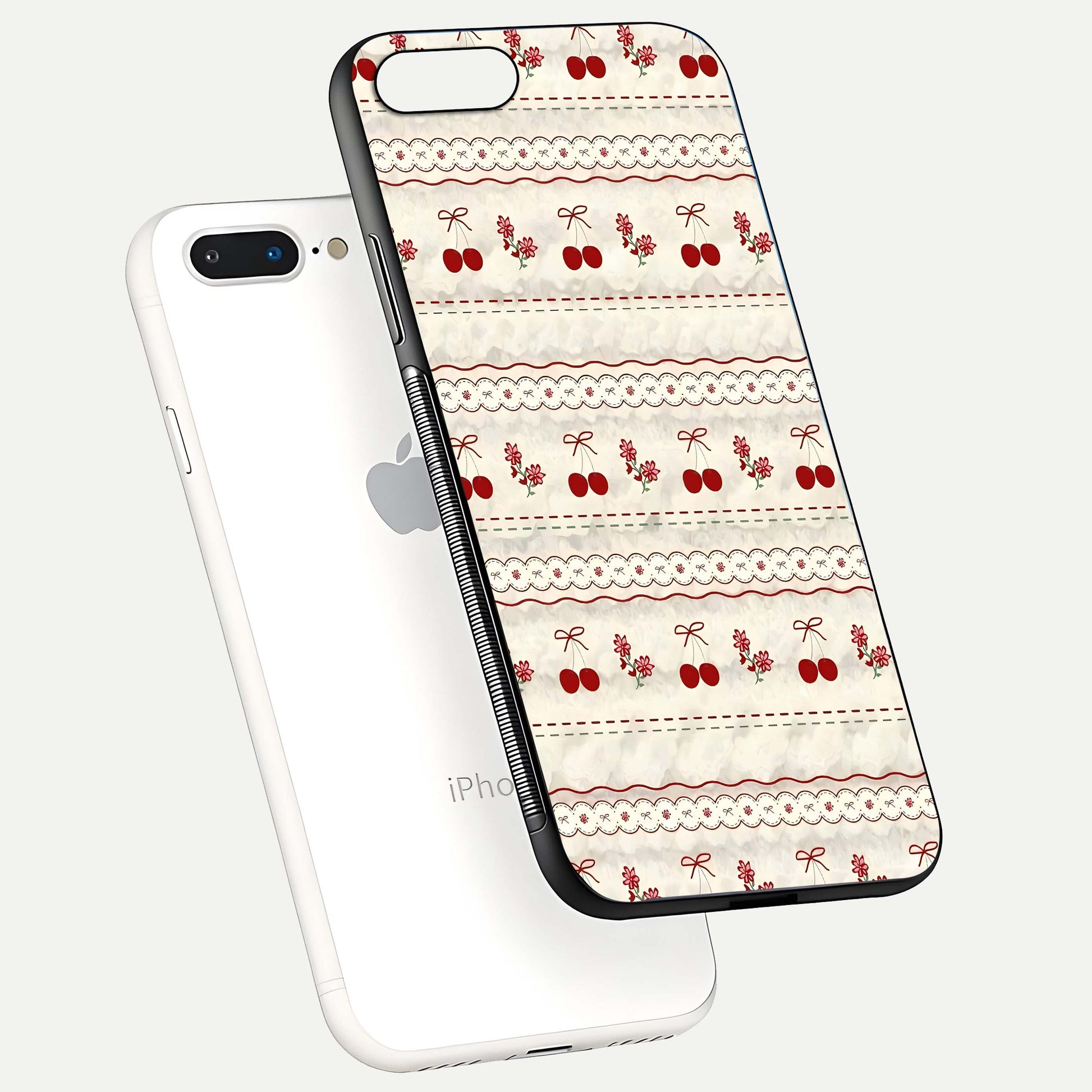 Cherry Bloom Charm Glass Case for iPhone 8 Plus floating mockup showing bloom texture and polished gloss