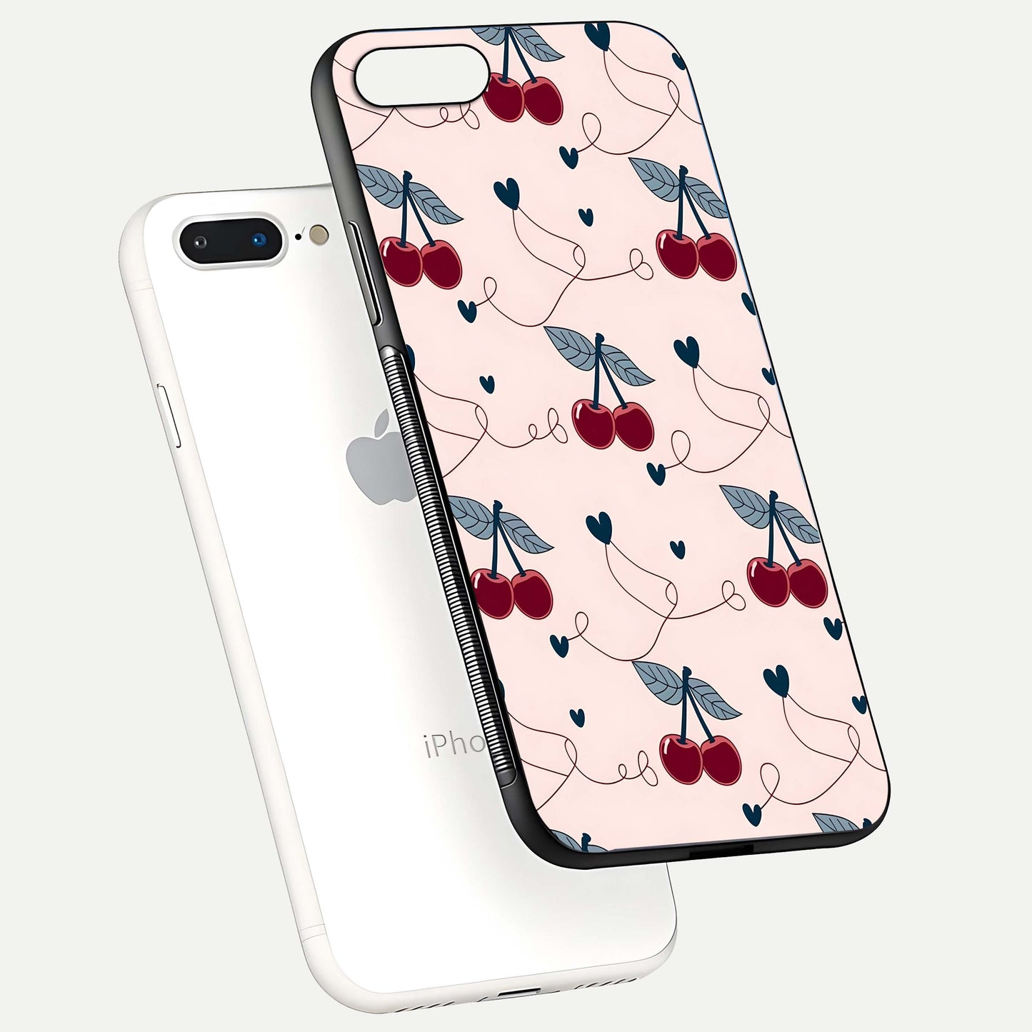 Cherry Heart Line Glass Case for iPhone 8 Plus floating mockup showing gloss polish and bright tones
