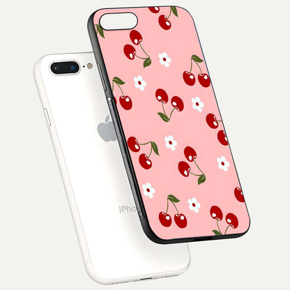 Cherry Love Mood Glass Case for iPhone 8 Plus floating mockup showing HD gloss reflection and red tones