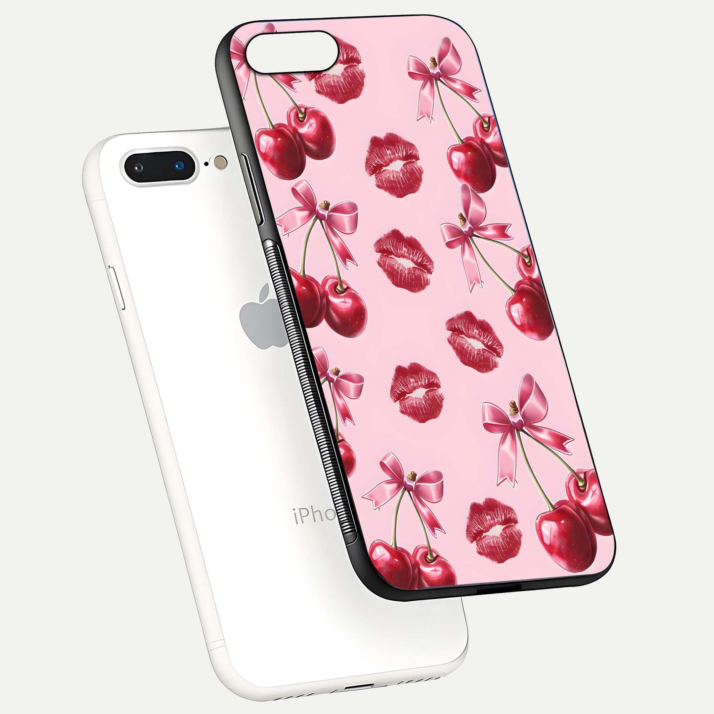 Cherry With Lips Glass Case for iPhone 8 Plus floating mockup showing HD gloss and pop-art inspired tones
