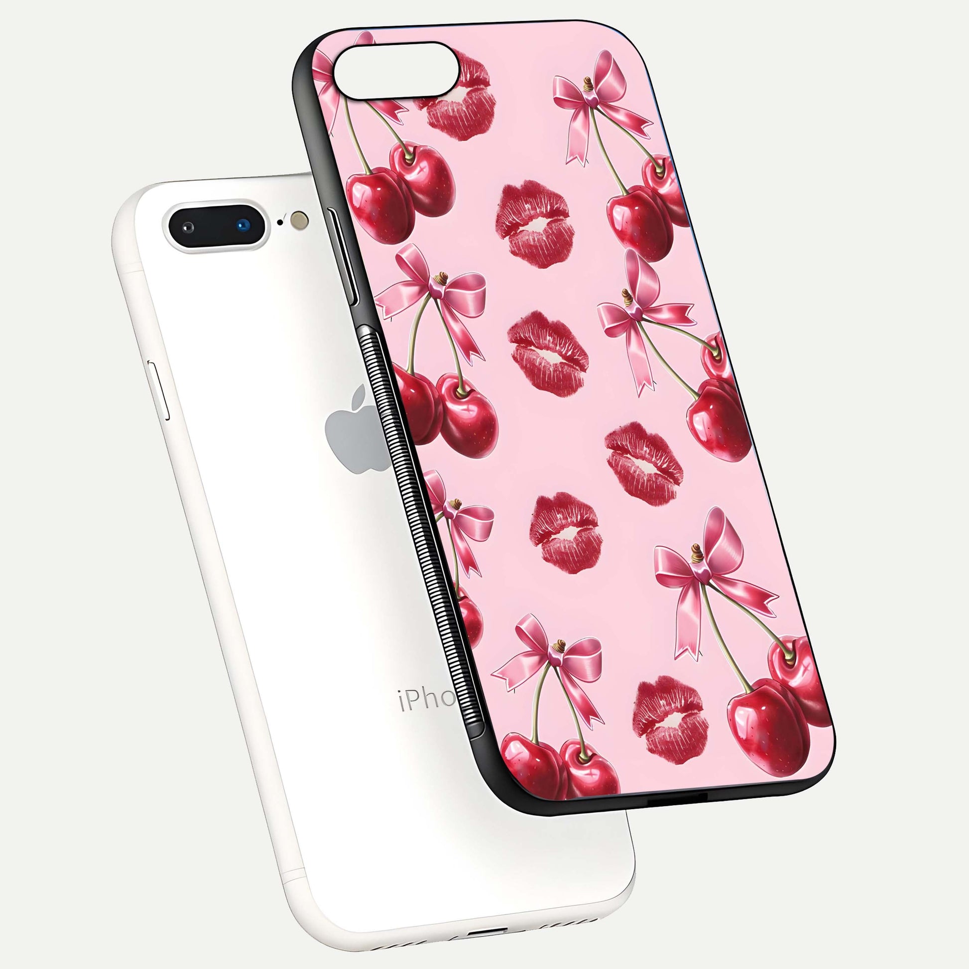 Cherry With Lips Glass Case for iPhone 8 Plus floating mockup showing HD gloss and pop-art inspired tones