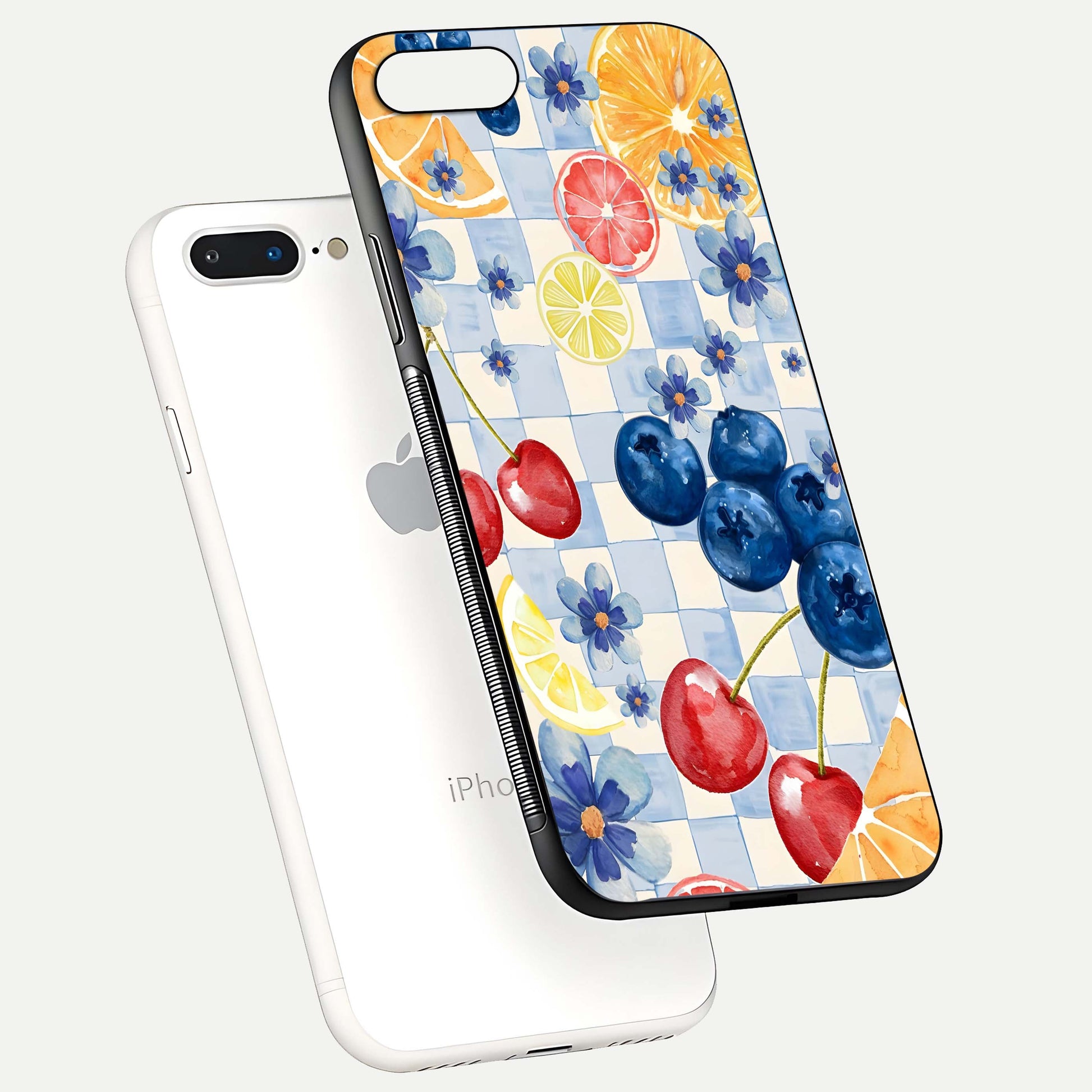 Citrus Bloom Joy Glass Case for iPhone 8 Plus floating mockup showing HD gloss and lively tone