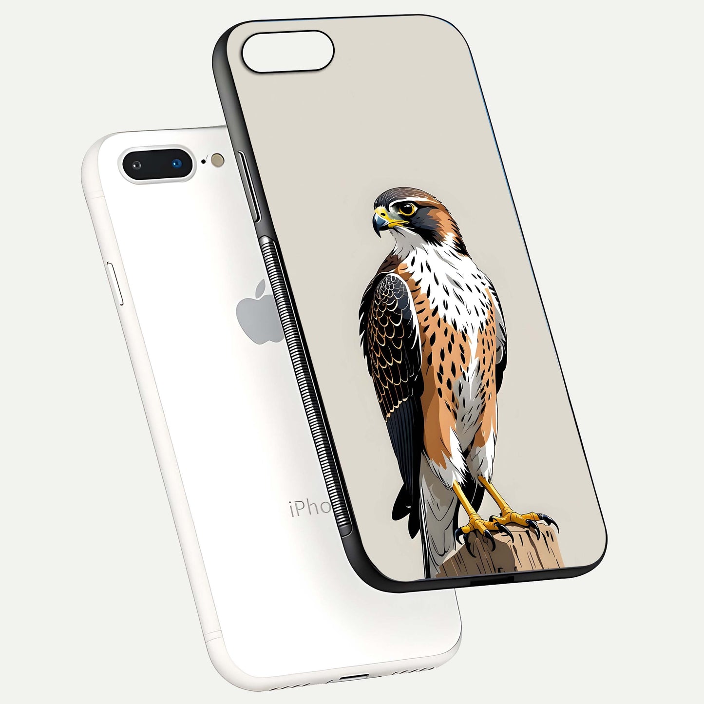 Clever Eagle Glass Case for iPhone 8 Plus floating mockup displaying sharp gloss and art contrast