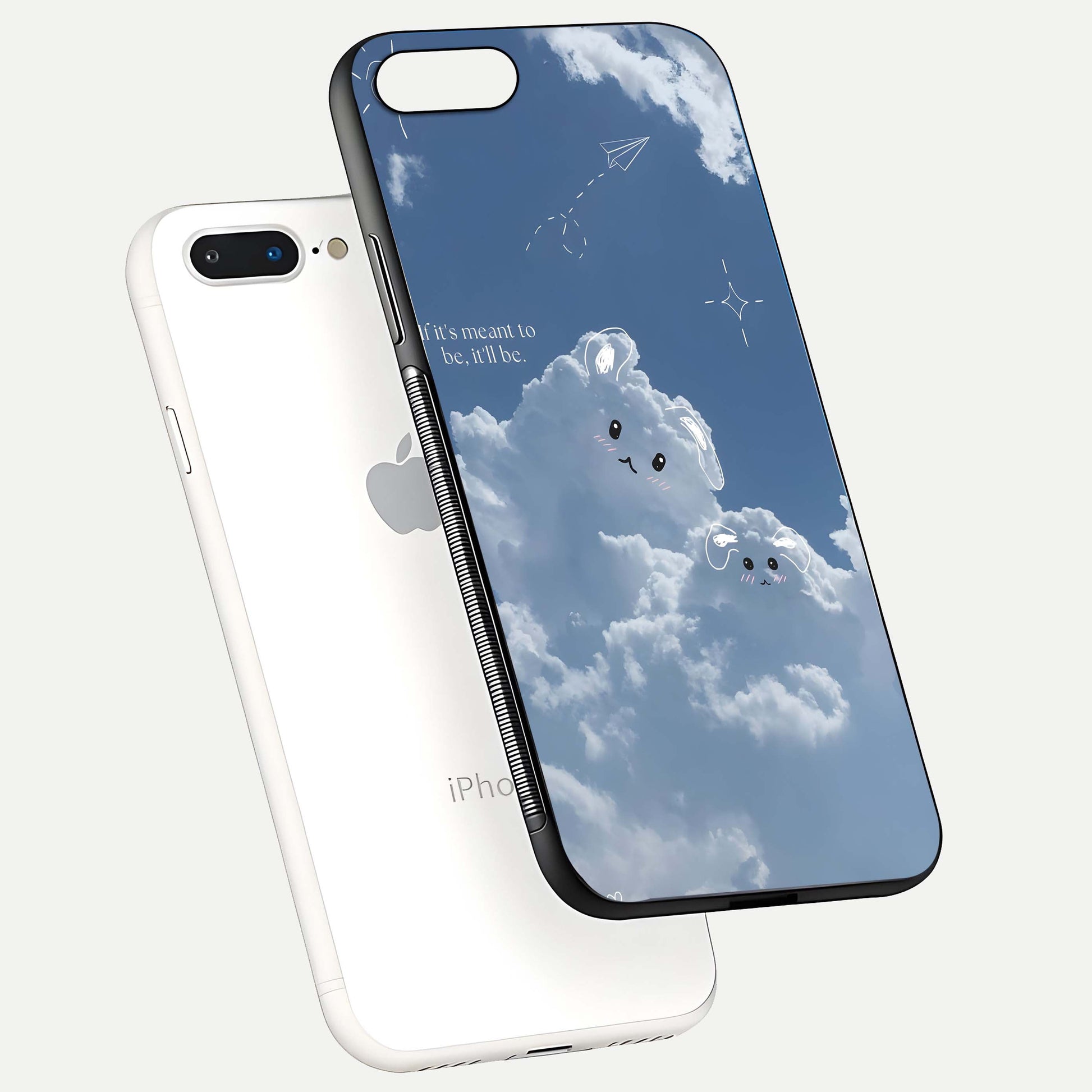 Cloud Bunny Dreams Glass Case for iPhone 8 Plus floating mockup showing soft gradient and gloss reflection