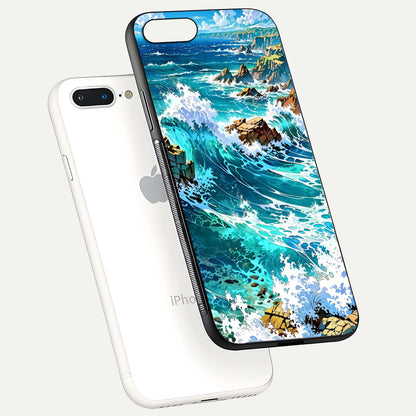 Coastal Blue Waves Glass Case for iPhone 8 Plus floating mockup showing HD reflection and wave details