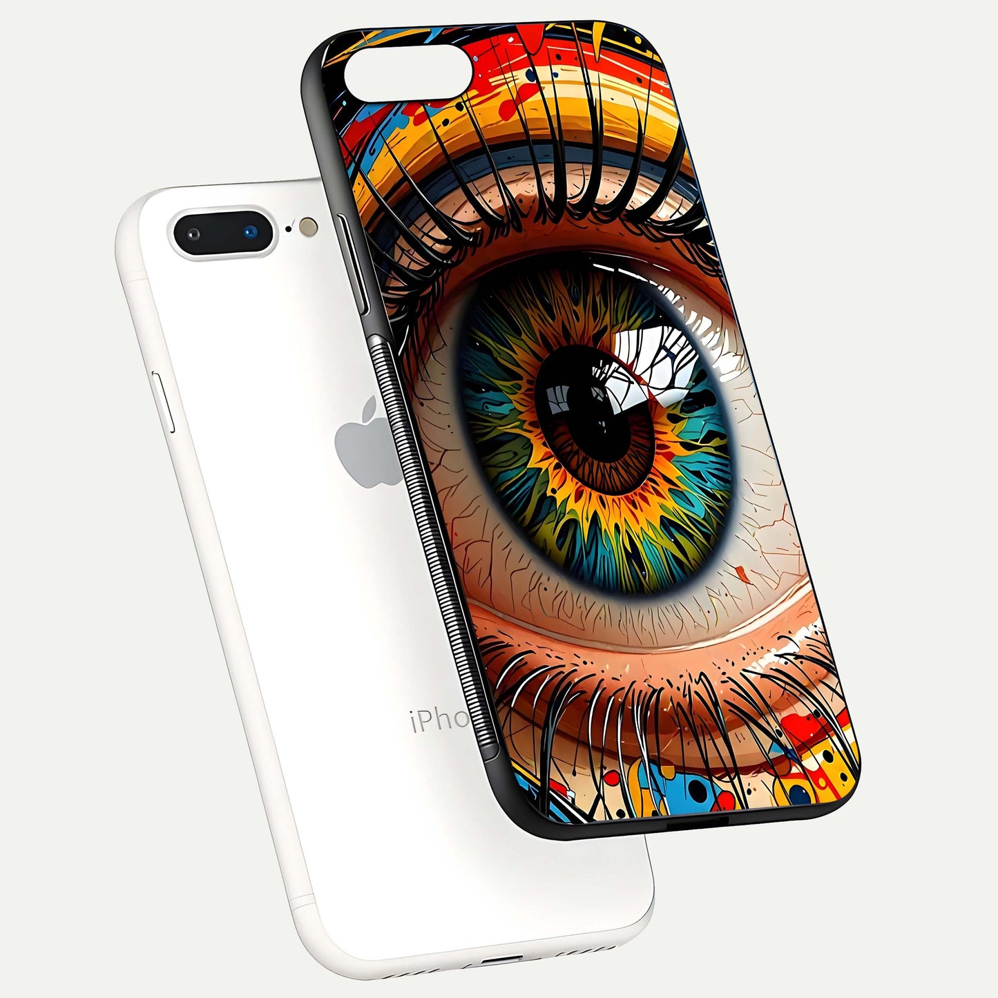 Colorful Eye Glass Case for iPhone 8 Plus floating mockup showing bright contrast and gloss clarity