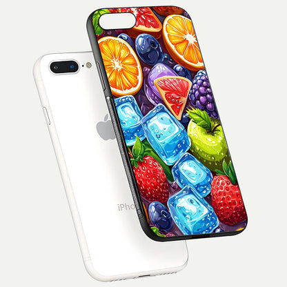 Colorful Fruits with Ice Glass Case for iPhone 8 Plus floating mockup showing bright shine and crystal clarity