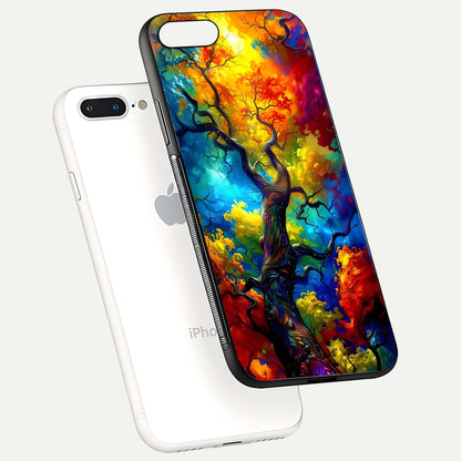 Colorful Tree Glass Case for iPhone 8 Plus floating mockup showing reflection gloss and vivid hues