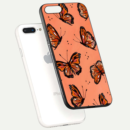 Coral Wing Butterfly Glass Case for iPhone 8 Plus floating mockup showing HD gloss texture and vivid coral color