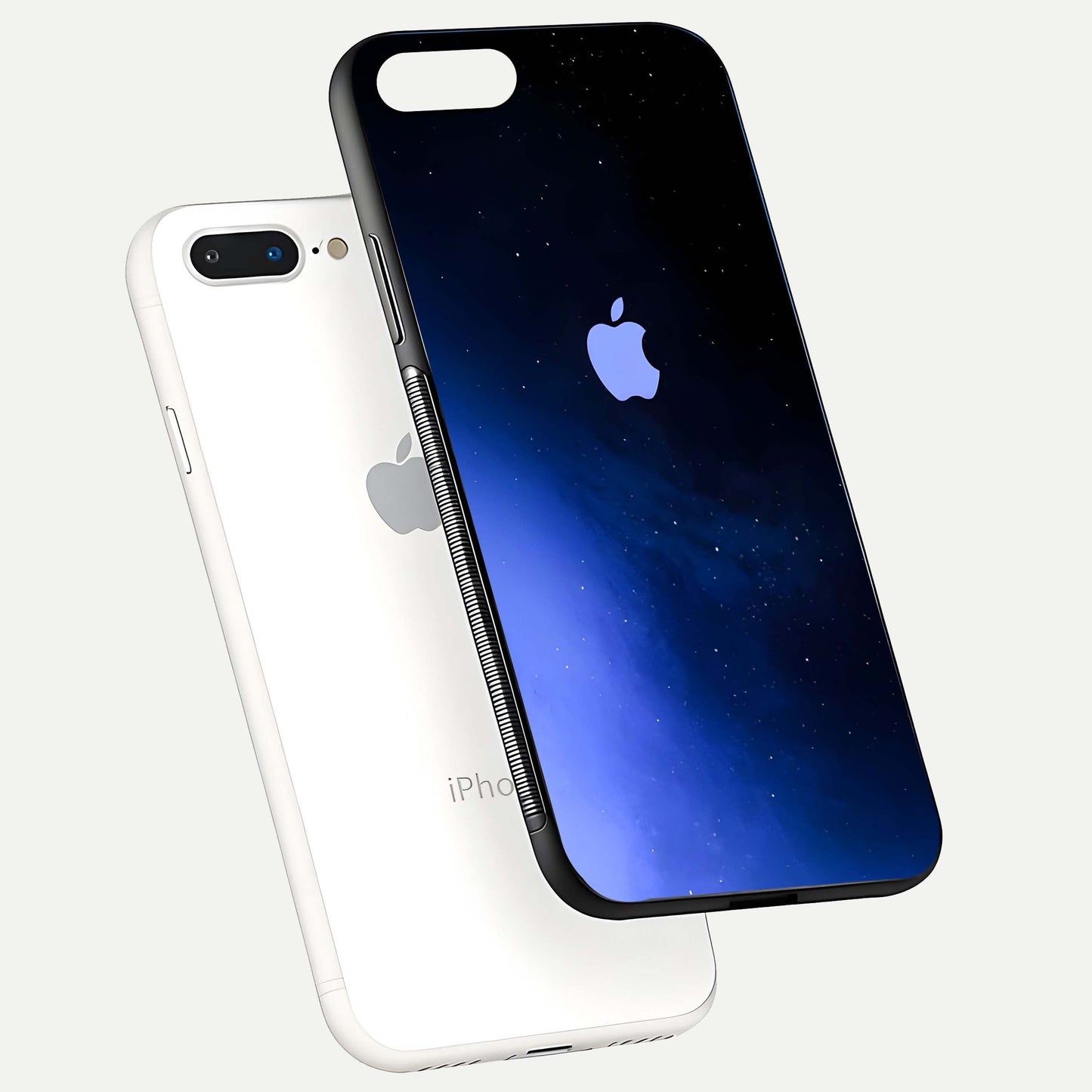 Cosmic Blue Apple Glass Case for iPhone 8 Plus floating mockup showing HD gloss and deep space gradient