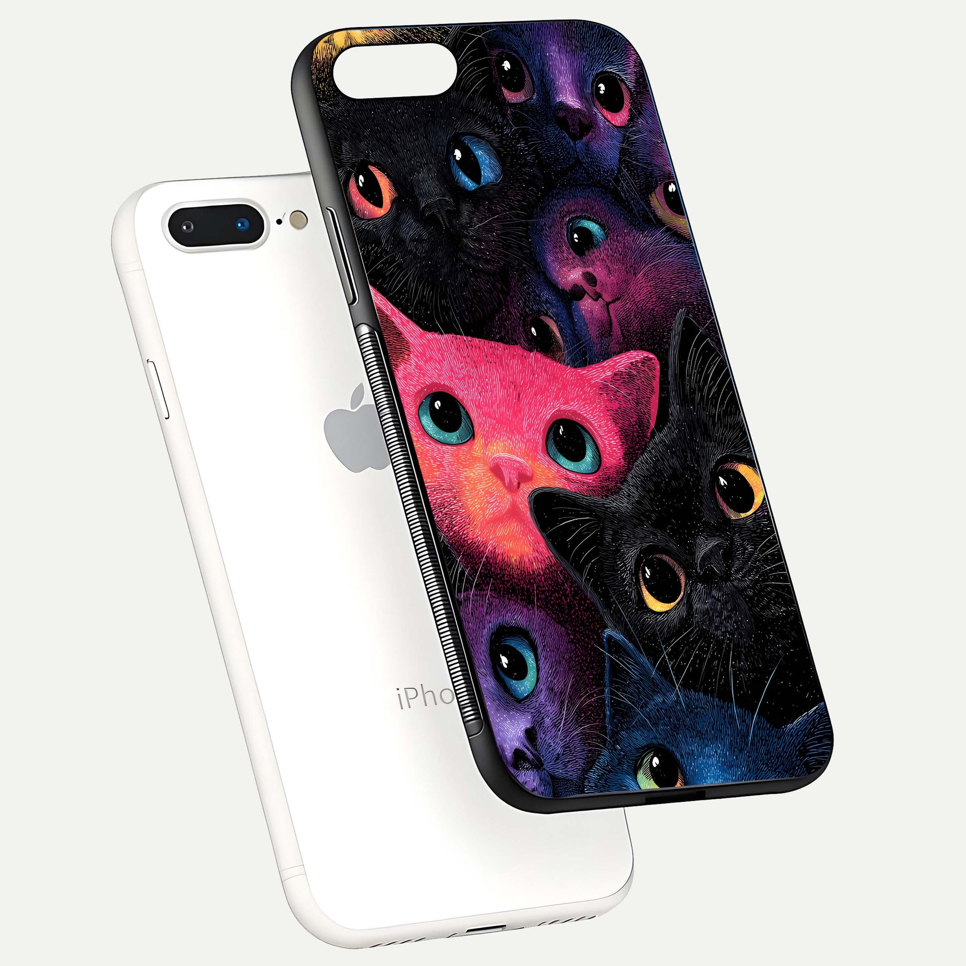 Cosmic Cats Dreams Glass Case for iPhone 8 Plus floating mockup showing star details and polish reflection
