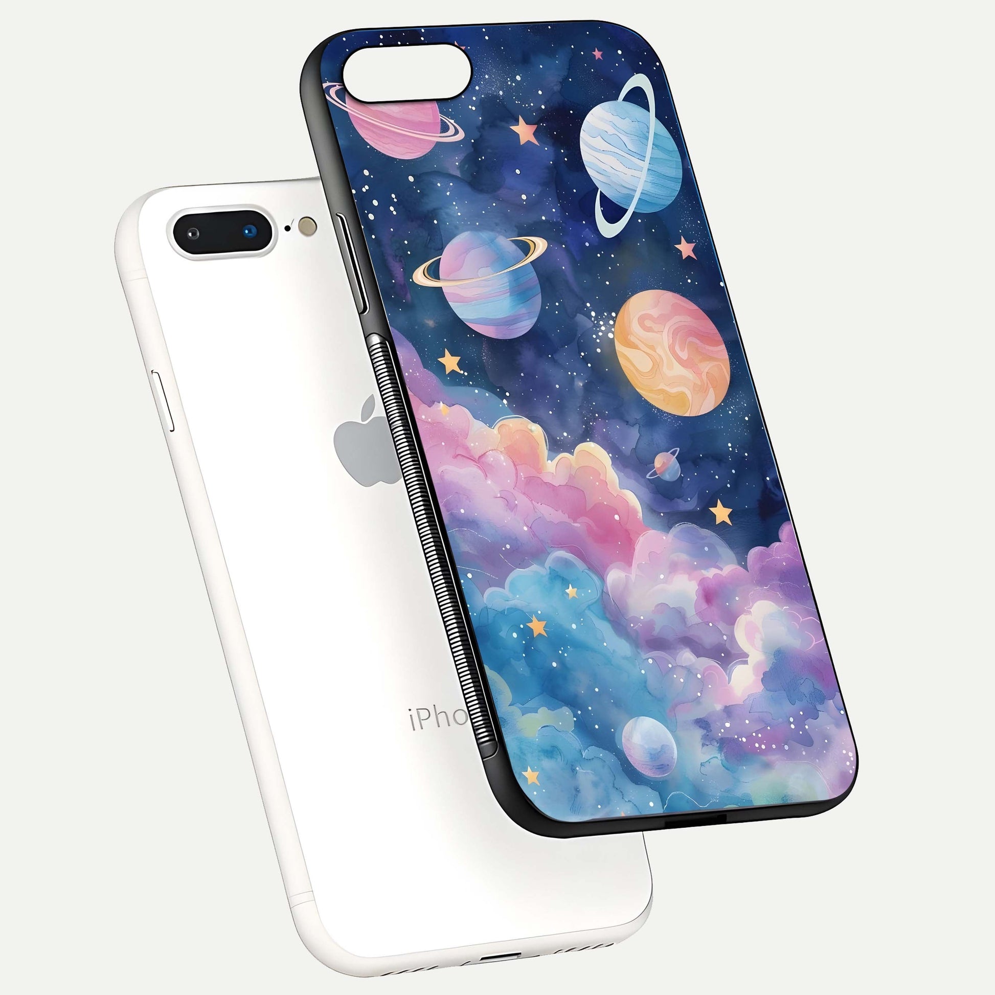 Cosmic Planet Dreams Glass Case for iPhone 8 Plus floating mockup showing HD gloss and cosmic reflection