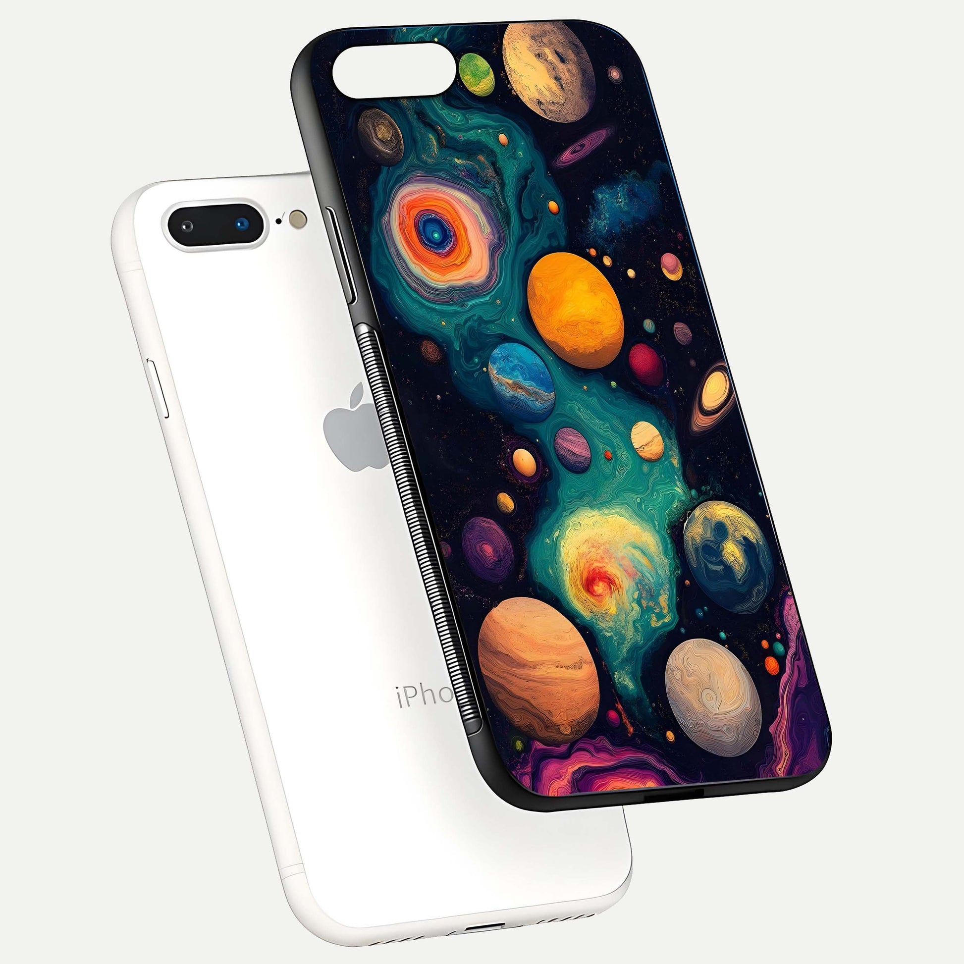 Cosmic Planet Journey Glass Case for iPhone 8 Plus floating mockup showing gloss gradient and deep shine