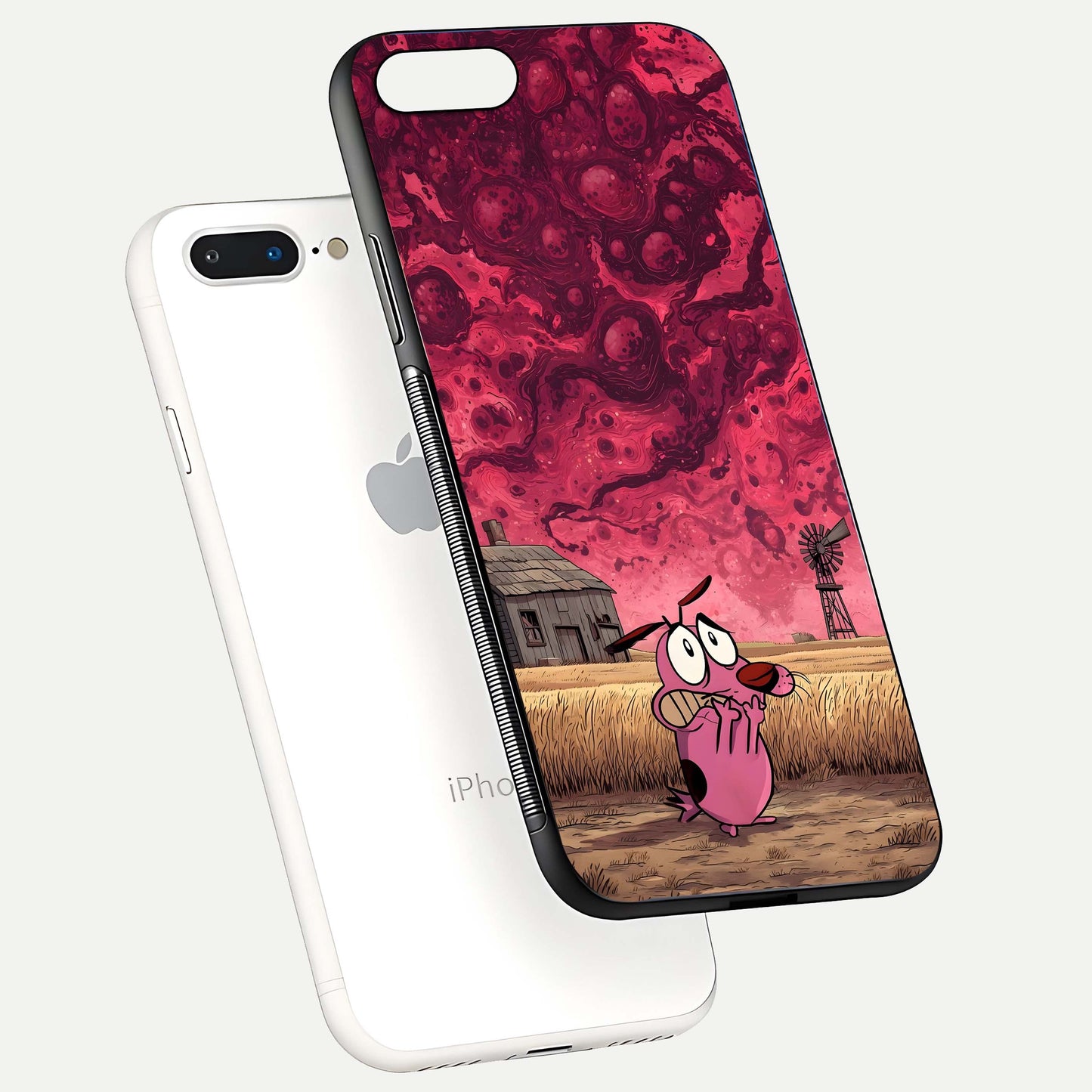 Courage Under Sky Glass Case for iPhone 8 Plus floating mockup showing shine reflection and clean edges