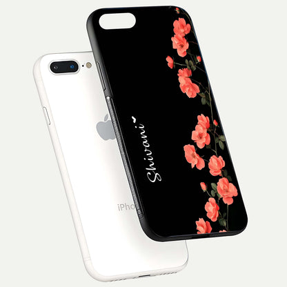 Crimson Bloom Grace Custom Name Glass Case for iPhone 8 Plus floating mockup showing HD gloss and floral tones
