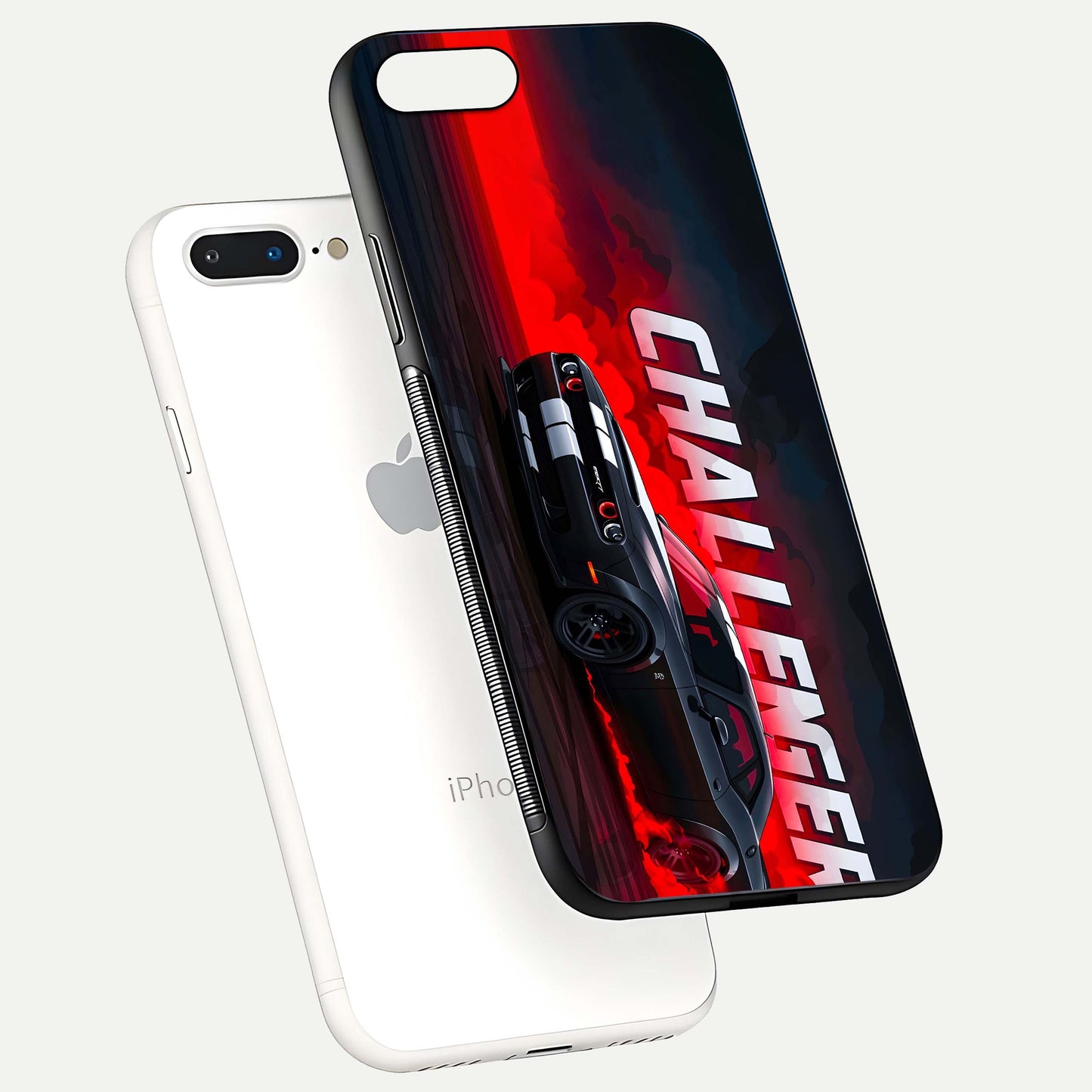 Crimson Challenger Fury Glass Case for iPhone 8 Plus floating mockup showing HD gloss and sleek shine