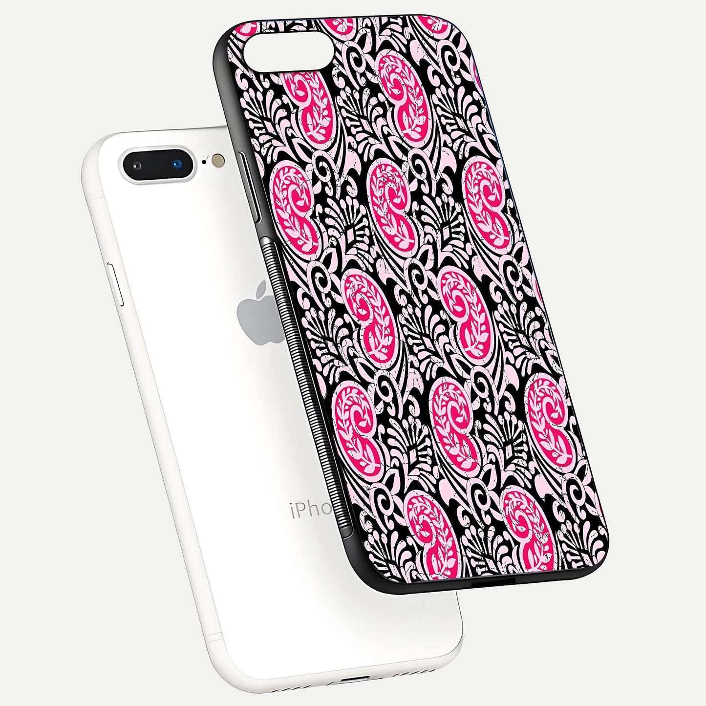 Crimson Paisley Charm Glass Case for iPhone 8 Plus floating mockup showing gloss shine and texture clarity